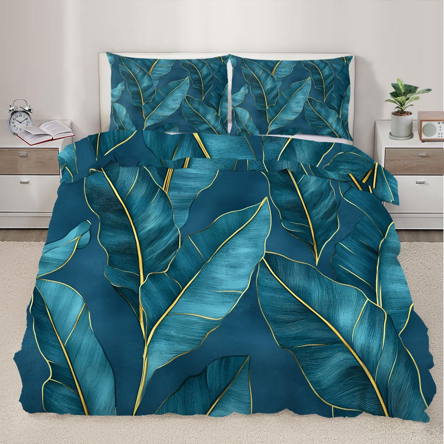 PAISUOQ Tropical Bedding, Blue Leaves Duvet Cover Full, Luxury Botanicals Comforter Cover with Zipper Ties, 3 Pieces with 2 Pillowcases, Home Decor & Gifts