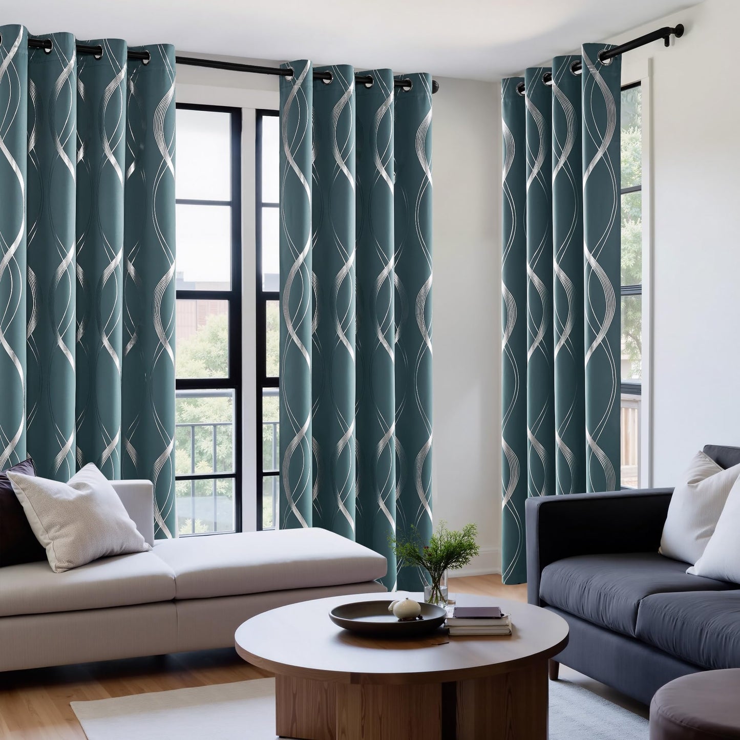 NICETOWN 100% Blackout Curtains Panels for Living Room, Greyish Blue, 52" Wide x 84" Long, 2 Panels, Sound Reducing Thermal Insulated Wave Line Foil Print Design Curtains for Patio Sliding Glass Door