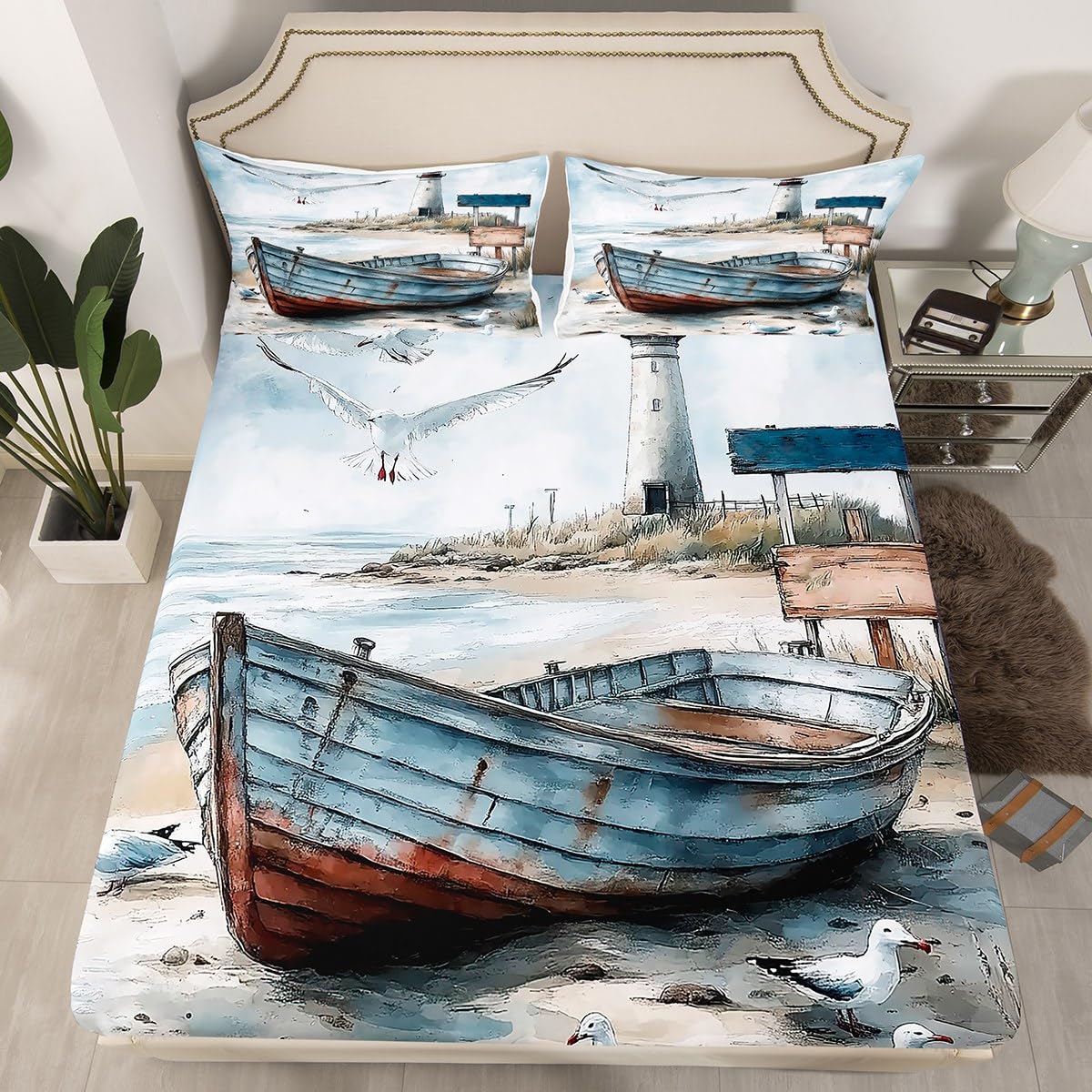 jejeloiu Boat Printed Fitted Sheet Full Size Kids Lighthouse Seagull Beach Theme Bed Sheets Set for Boys Girls Teens Sea Ocean Wave Summer Coastal Natural Scenery Bedding Set Room Decor