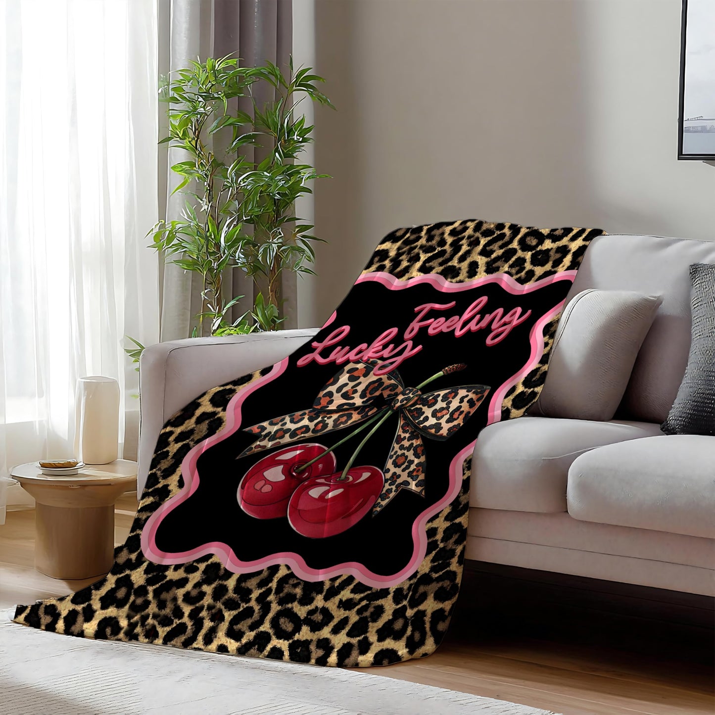 BUJSP Trendy Leopard Cherry Print Blanket, Leopard Print Room Decor, Funky Cherry Cheetah Feeling Lucky Throw Blanket for Home Bedroom Room Couch Bed Decor, 50x60 Inches