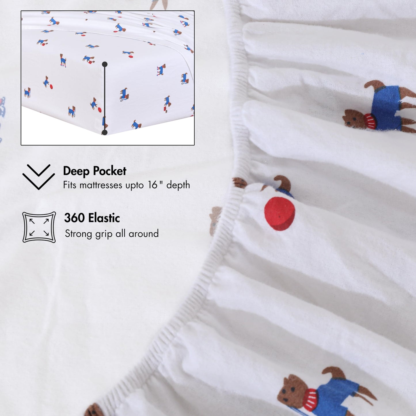 RUVANTI Flannel Sheets Queen Size - 100% Cotton Double Brushed Bed Sheets, Deep Pockets 16 Inches Queen Sheet Set, All Seasons Breathable & Extra Soft - Warm & Cozy, 4 Piece, Puppy Playoff