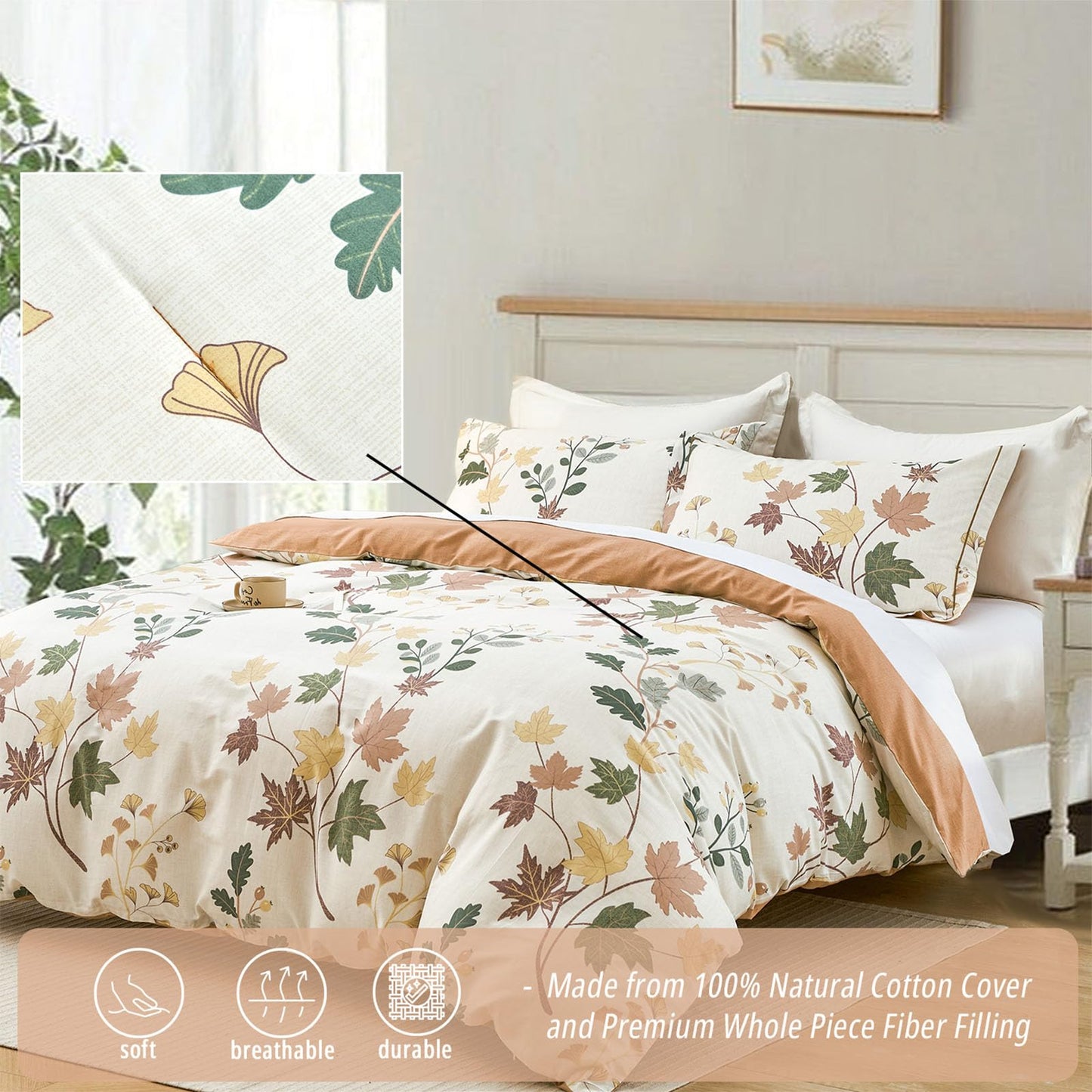 LEMIROE Botanical Cotton Comforter King Size - Luxurious Design with Maple Leaves and Branches on Beige, Textured Maple Orange Back, 3PC Lightweight Bedding Set with Ultra-Soft Alternative Fill