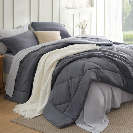 Bedsure Twin XL Comforter - 5 Pieces Reversible Dark Grey Bed in a Bag, Twin XL Bedding Comforter Set College Dorm Essentials with 1 Flat Sheet, 1 Fitted Sheet, 1 Pillowcase and 1 Pillow Sham