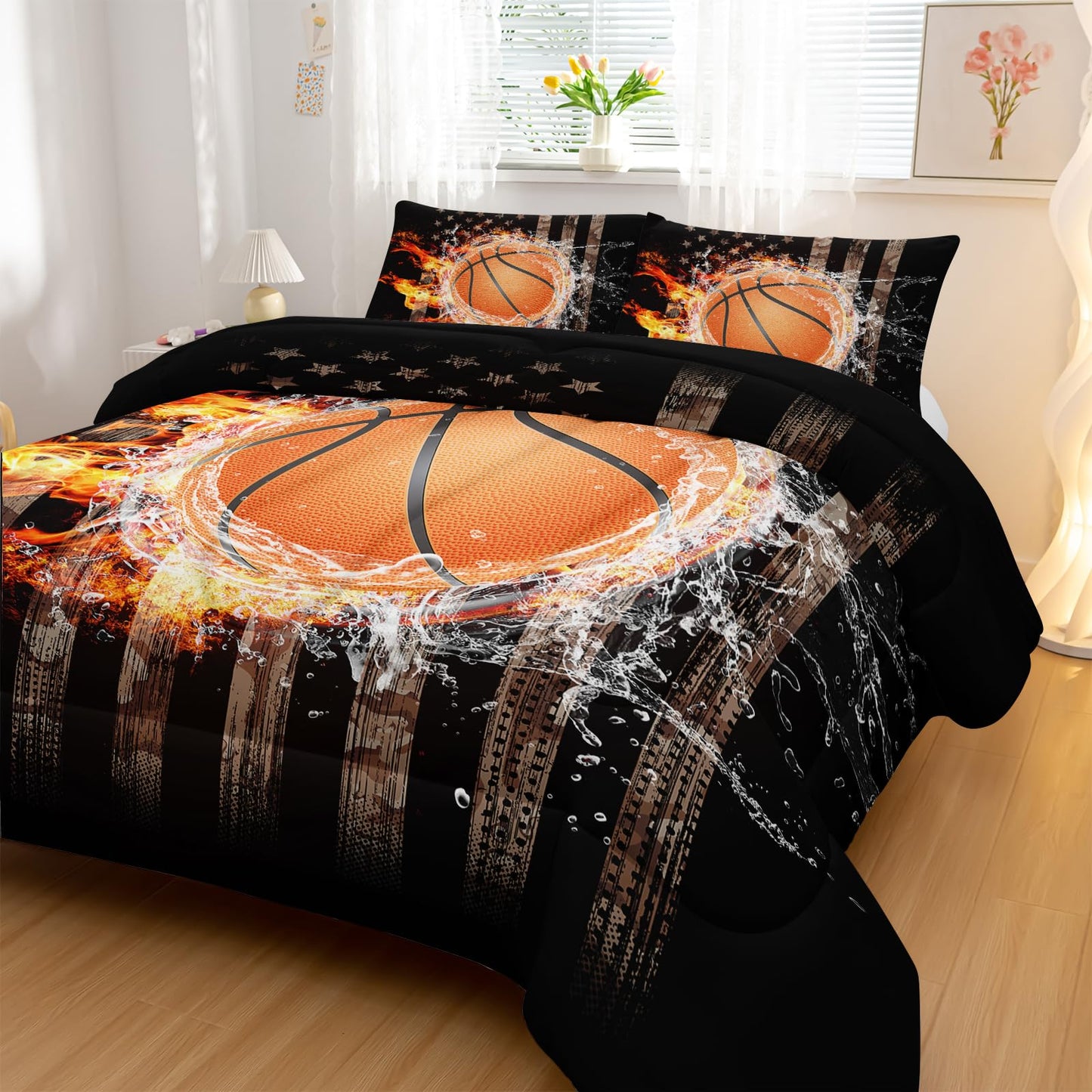 Nttopship Basketball Boys Comforter Set Twin Size，American Flag Bedding Set，100% Soft Ultra-fine Fiber Four Season Sport Basketball Comforter Set with 1 Comforter and 2 Pillow Case