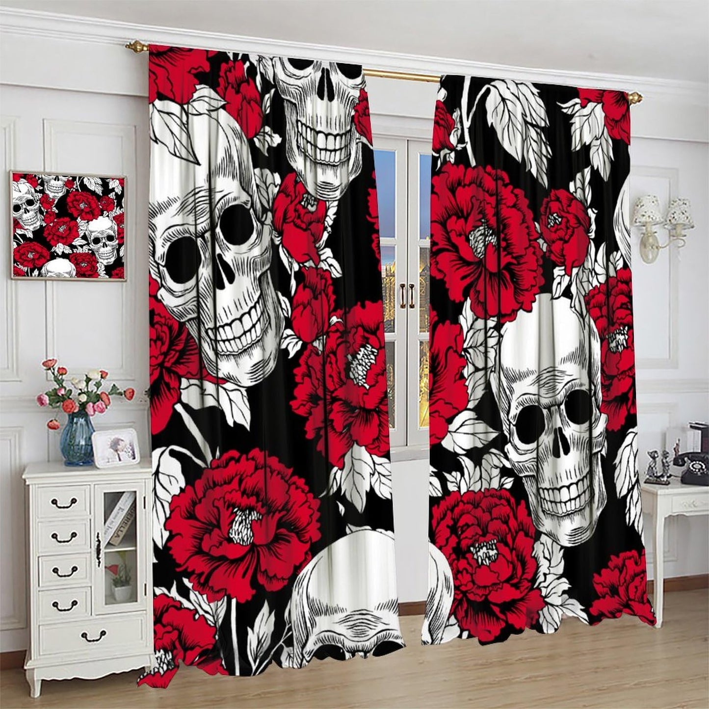 HZOHNAGO Gothic Curtains Skull Red Floral Pattern Blackout Print Rod Pocket Window Drapes for Bedroom Living Room 42x45in