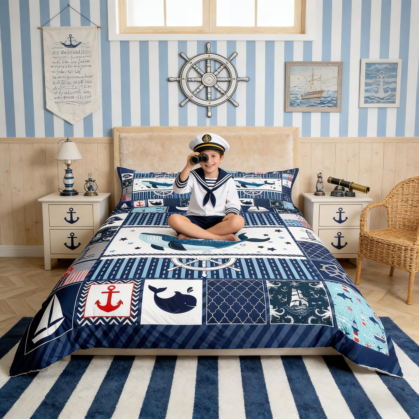 Homewish Sea Whale Duvet Cover Set Full Size,Nautical Anchor Ship Rudder Plaid Comforter Cover with 2 Pillowcases,Navy Blue Ocean Geometric Breathable Bedspread for Boys Teens,Pillow Sham