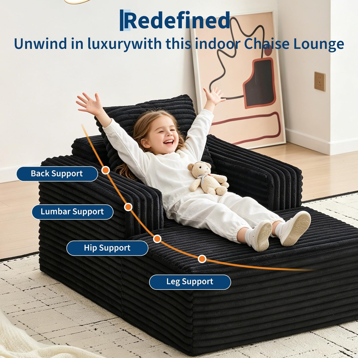 Garvee 45'' Indoor Chaise Lounge Chair Corduroy Cloud Single Couch Sofa with Deep Seat & Armrests Comfy Reading Chair Sleeper Bed for Living Room Bedroom Movie Room No-Assembly