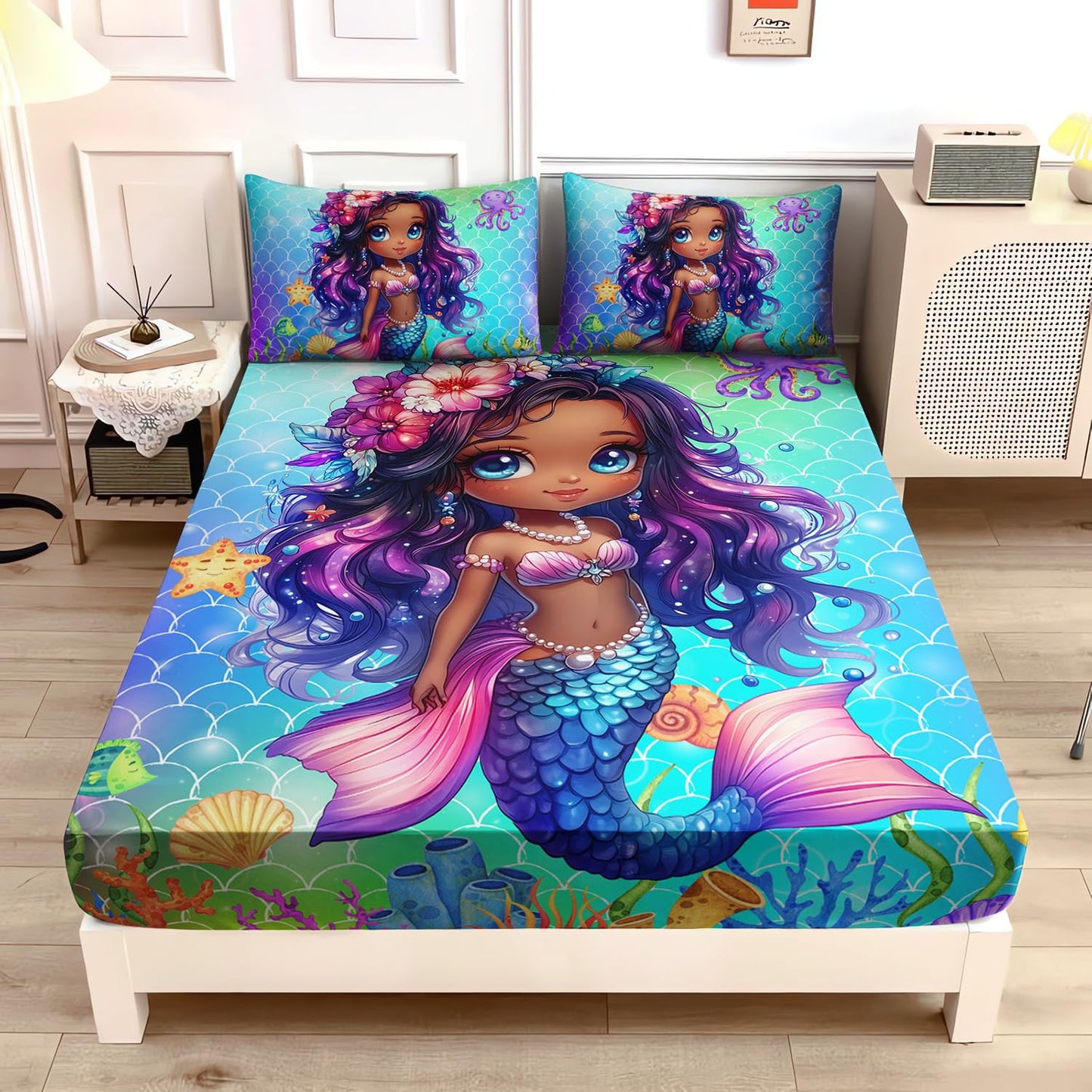 UEVBF Kids Cute Mermaid Fitted Sheet Set Full Size,Black Little Girls Pattern Bedding for Kids Girls Bedroom,Mermaid Scale Seaweed Bedding Sets,1 Fitted Sheet+2 Pillowcases.