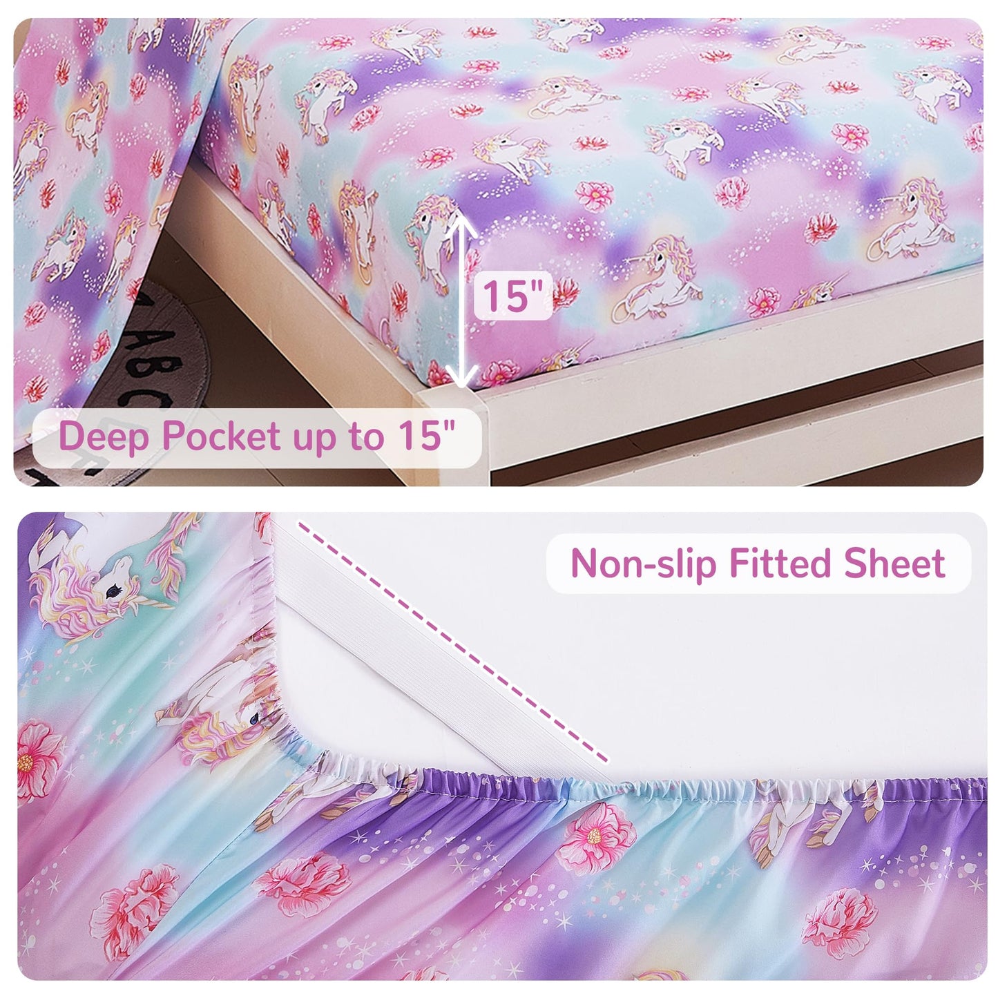 Viviland Kids Full Bedding Sets for Girls, Soft Full Comforter Set with Sheets, 7 Pieces Microfiber Bed in a Bag, White Unicorn Pink Cloud Rainbow