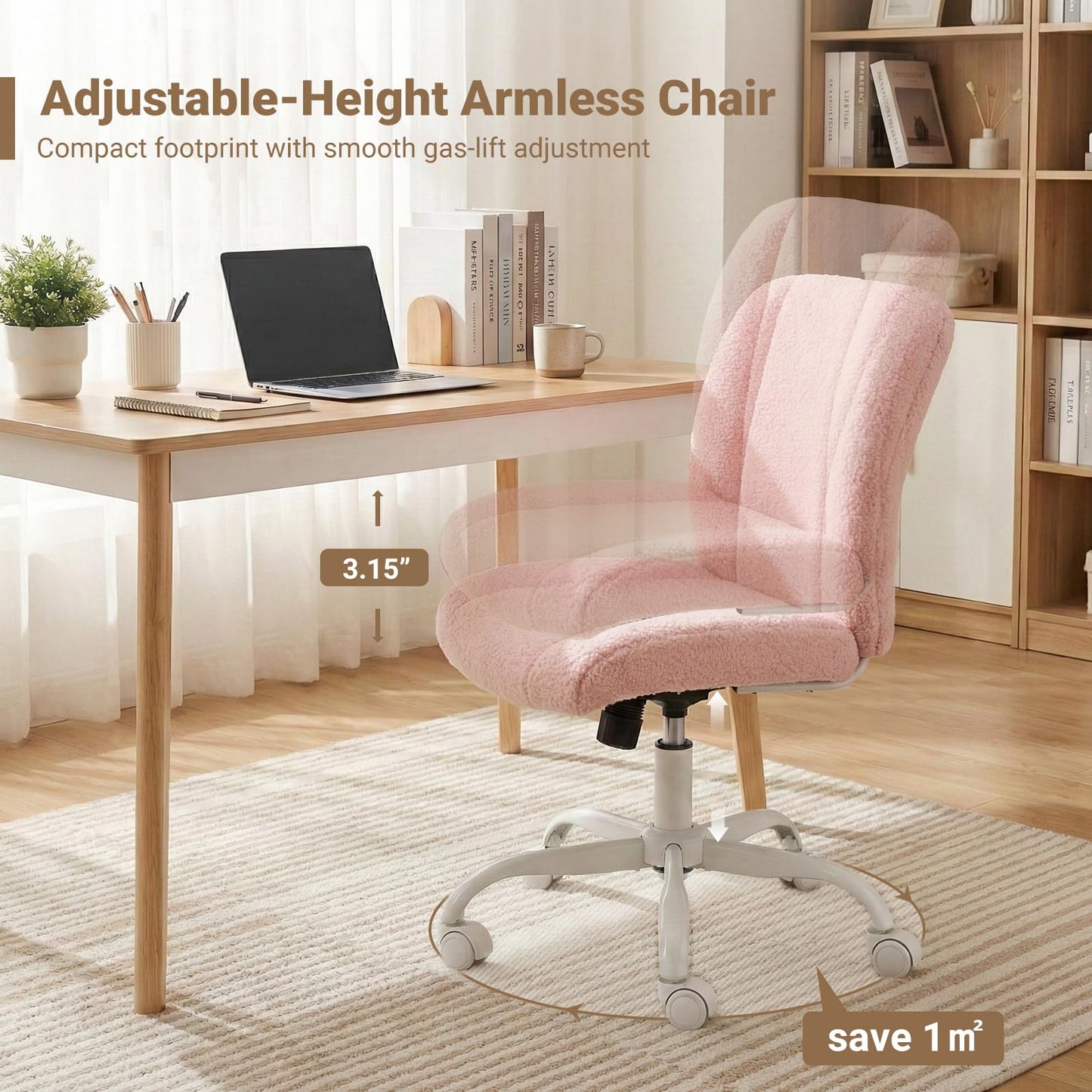 KRAMZMING Vanity Chair with Wheels, Armless Office Chair Height Adjustable, Cute Desk Chair with Soft Lumbar Support for Small Space, Bedroom, Make-up Room, Pink
