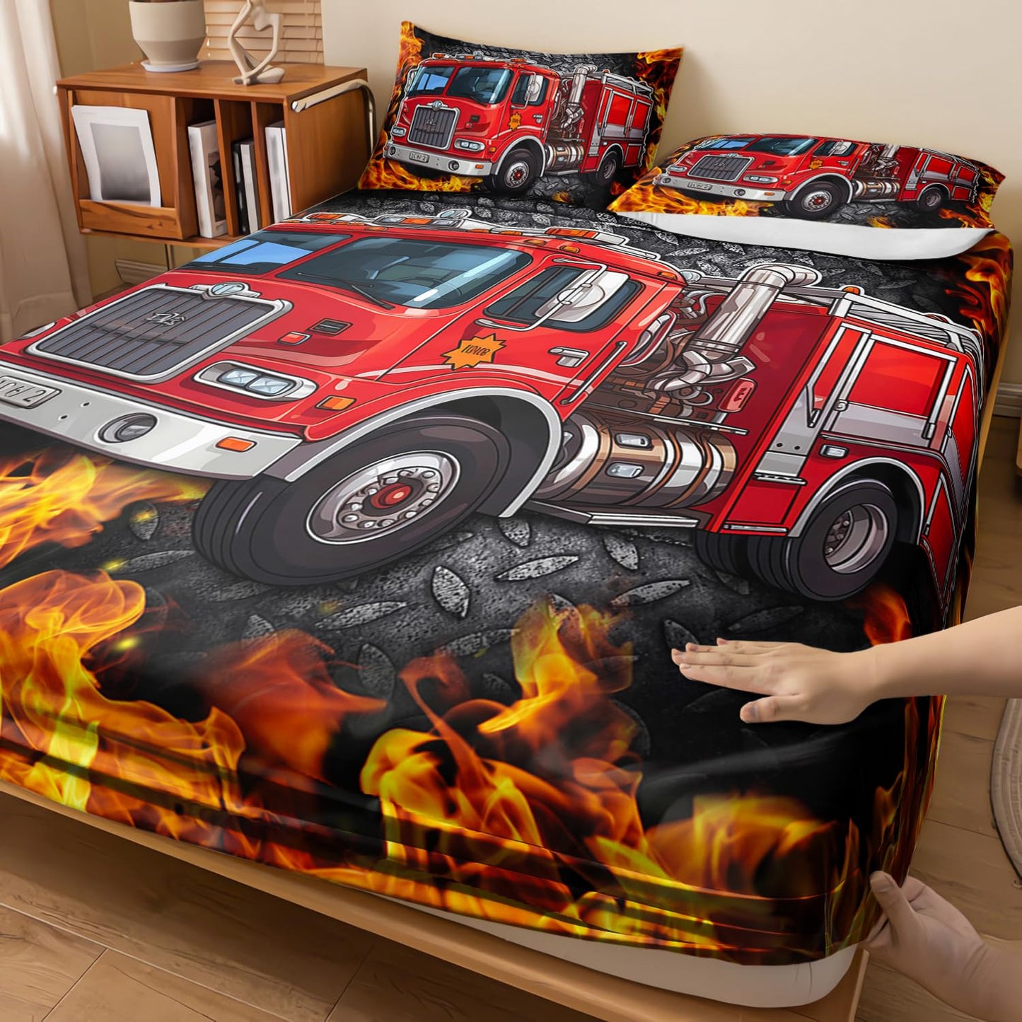 AILONEN Cartoon Red Fire Truck Fitted Sheet Set Twin Size, Fire Rescue Car Bedding Set for Kids,Boys,Girls,Teens,Red Firemen Car Vehicle Bed Sheet Set,3-Piece, 1 Fitted Sheet and 2 Pillowcases