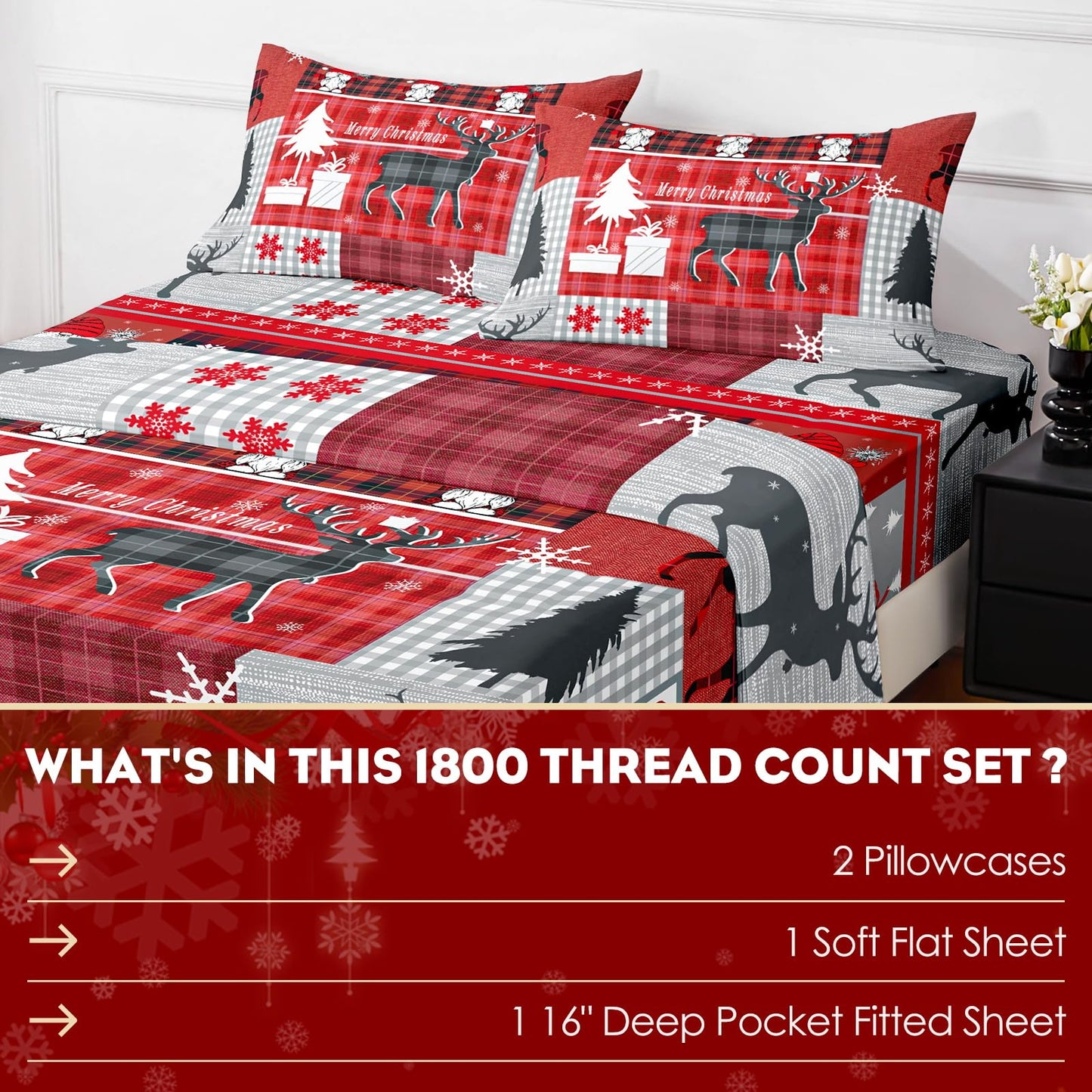 HCORA Christmas King Size Sheets Set, Luxury 1800TC Hotel Quality Double Brushed Microfiber Deep Pocket Bed Sheets, Ultra Soft, Breathable, 4PC, King
