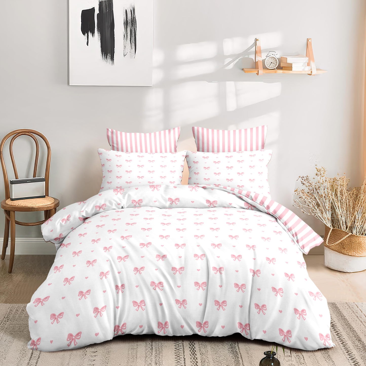 Sedefen Bow Duvet Cover Queen Size Pink Striped Heart Bedding Set Cute Love Heart Printed On White Comforter Cover with Zipper Closure Soft Breathable Microfiber for Kids Girls
