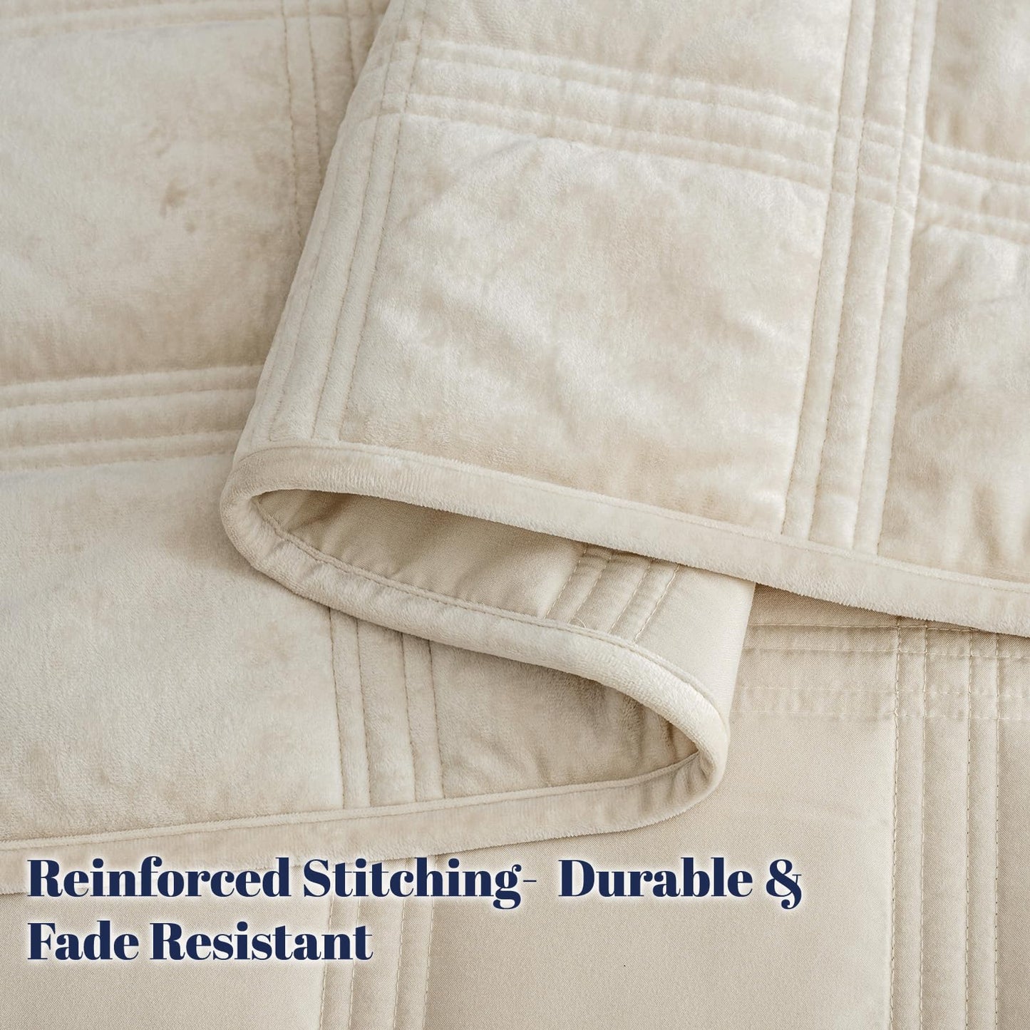 PHF Ultra Soft Velvet Quilt Set Queen Size – 3PCS Luxurious Cozy Quilted Comforter Alternative with Diamond Pattern, Warm Quilted Bedspread Coverlet, 90" x 92", Sand