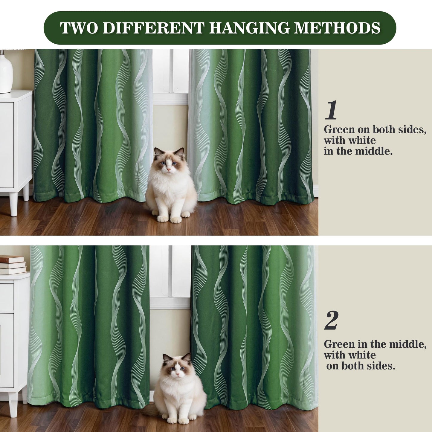 MYSKY HOME Green and Greyish White 95% Blackout Ombre Curtains 84 inch Long 2 Panels for Living Room Bedroom Geometric Patterned Black Out Thermal Insulated Wave Line Foil Grommet Drapes, 52" W