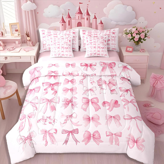 Erosebridal Cute Bow Bed in A Bag for Teen Girl Girly Coquette Bow Comforter Set Twin Pink Modern Fashion Aesthetic 7 Piece Bedding Set Dreamy Fantasy Bowknot Duvet Insert with Flat Fitted Sheets