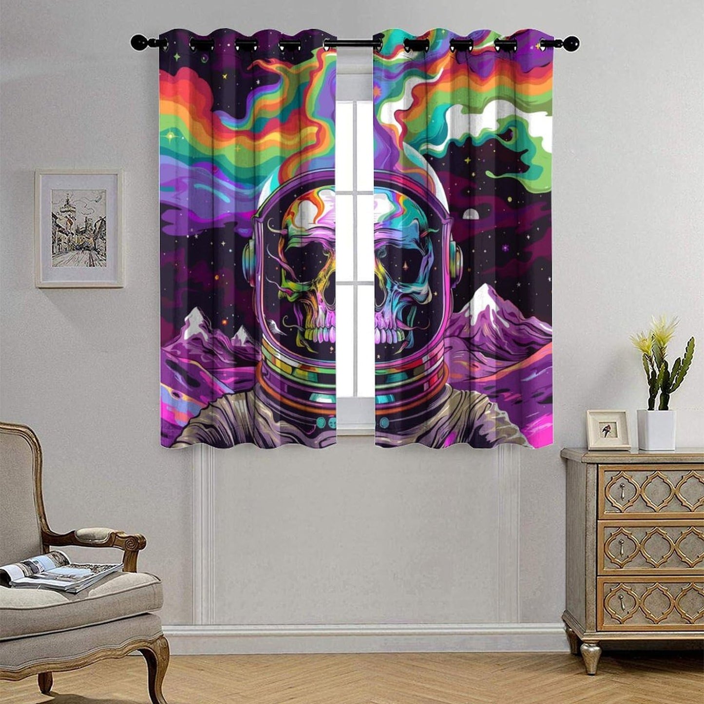 HDESDIS Colorful Skull Fantasy Blackout Curtains for Bedroom, Space Star Astronaut Skeleton Grommet Curtains Thermal Insulated Window Drapes for Living Room, 21W x 45L, 2 Panels