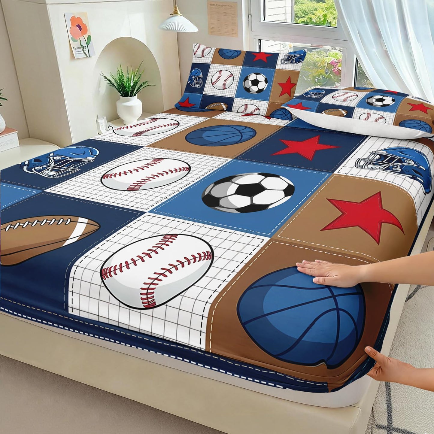 HOSIMA Ball Fitted Sheet Queen for Kids,Various Balls Pattern Sports Bedding for Teens Boys Room Decor,Lightweight Plaid Patchwork Bedding,1 Fitted Sheet+2 Pillowcases.