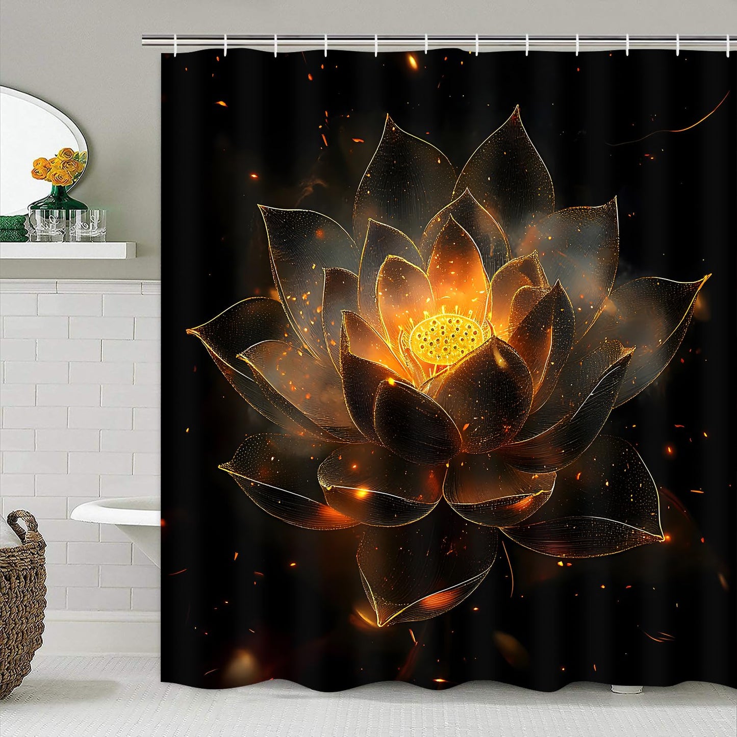 AZHM Luxury Golden Lotus Shower Curtain Set 4 PCS Black Gold Floral Bathroom Decor Set with Non-Slip Bath Rugs, Toilet Lid Cover and U-Shaped Mat