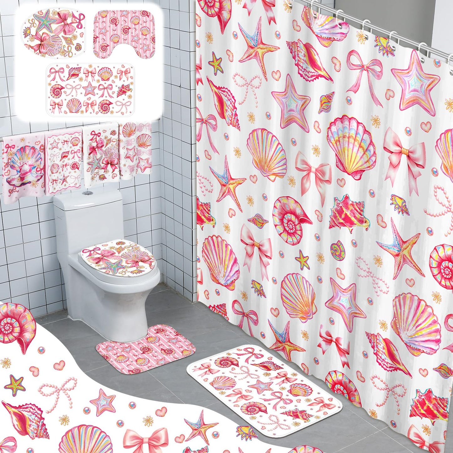 Tatuo 8 Pcs Beach Shower Curtain Set Blue Bow Ocean Summer Beach Party Bathroom Accessories Sets Coquette Starfish Coastal Waterproof Shower Curtain with Towels Carpet Bath Mat Toilet Rugs 12 Hooks