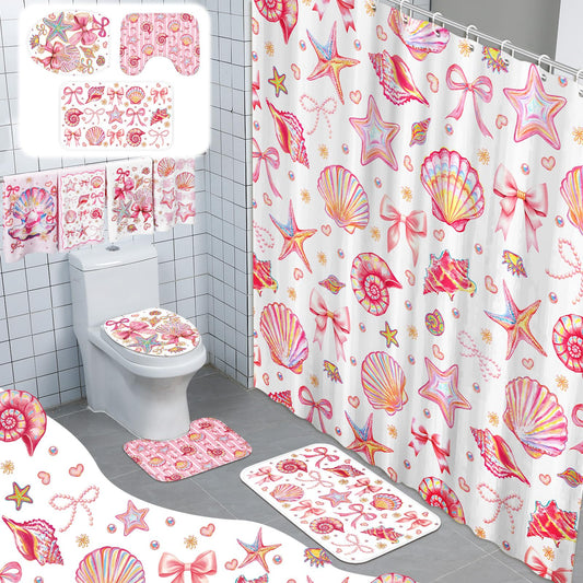 Tatuo 8 Pcs Beach Shower Curtain Set Blue Bow Ocean Summer Beach Party Bathroom Accessories Sets Coquette Starfish Coastal Waterproof Shower Curtain with Towels Carpet Bath Mat Toilet Rugs 12 Hooks