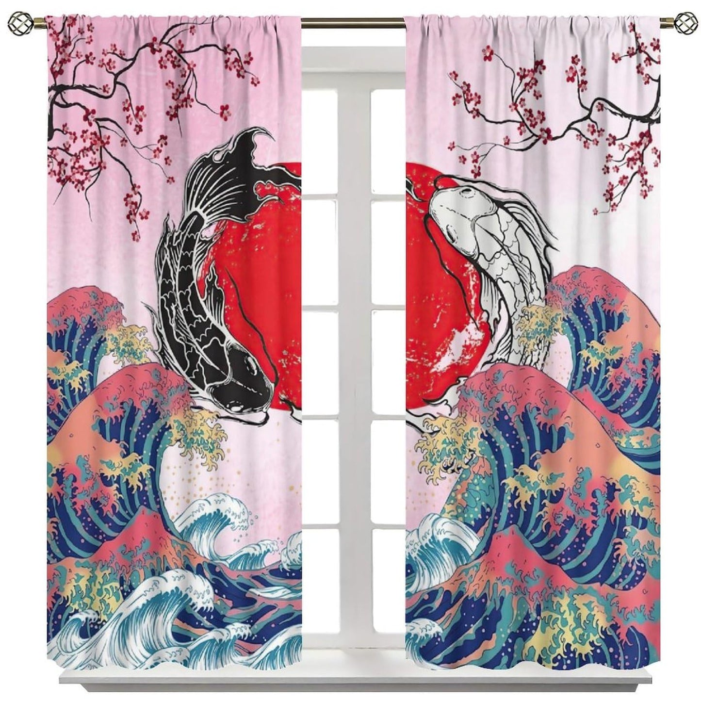 AuiMzoo Japanese-Style Blackout Curtains for The Bedroom; Living Room Window Treatments Featuring A Koi Fish and Wave Pattern42X45 Inch