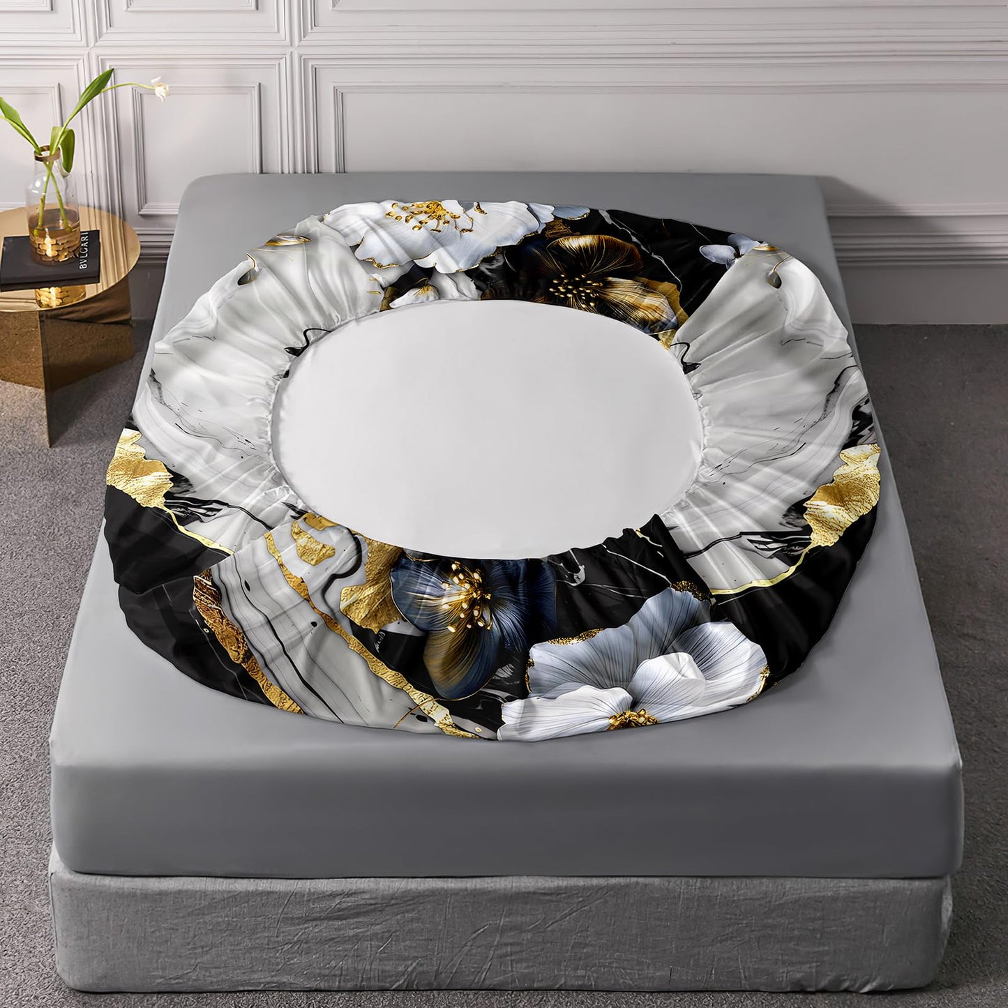 AILONEN Black and White Floral Fitted Sheet Set Queen Size, 3D White Flower Bedding Set for Kids Teends Adults,Marble Style Bed Sheet Set,1 Fitted Sheet and 2 Pillowcases,3Pcs