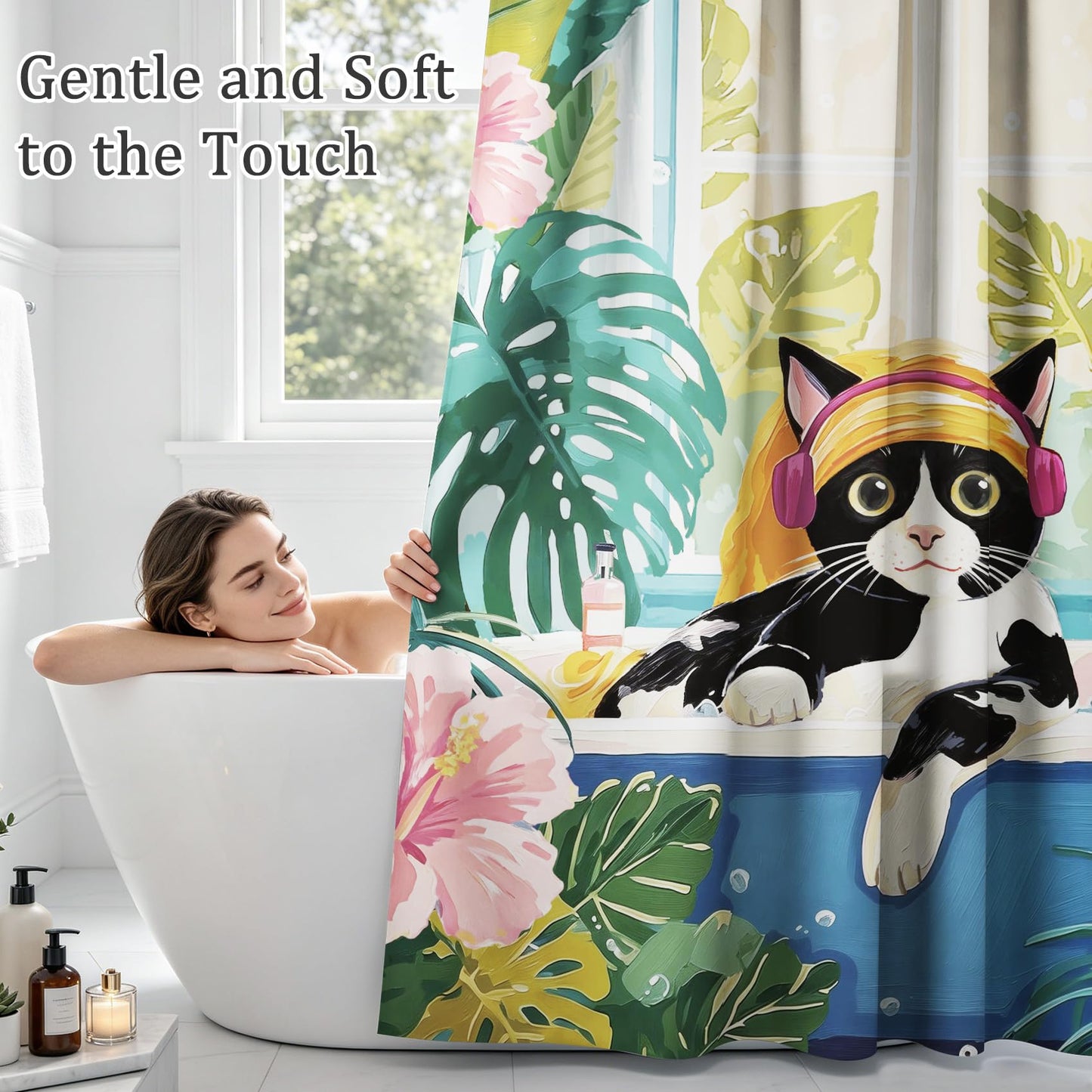 GICDSU Funny Cat Shower Curtain Boho Cute Black Cats Shower Curtain for Bathroom Pink Tropical Matisse Kitten Plam Tree Bath Curtains with Hooks Waterproof Fabric Bathtub 72x72 Inch