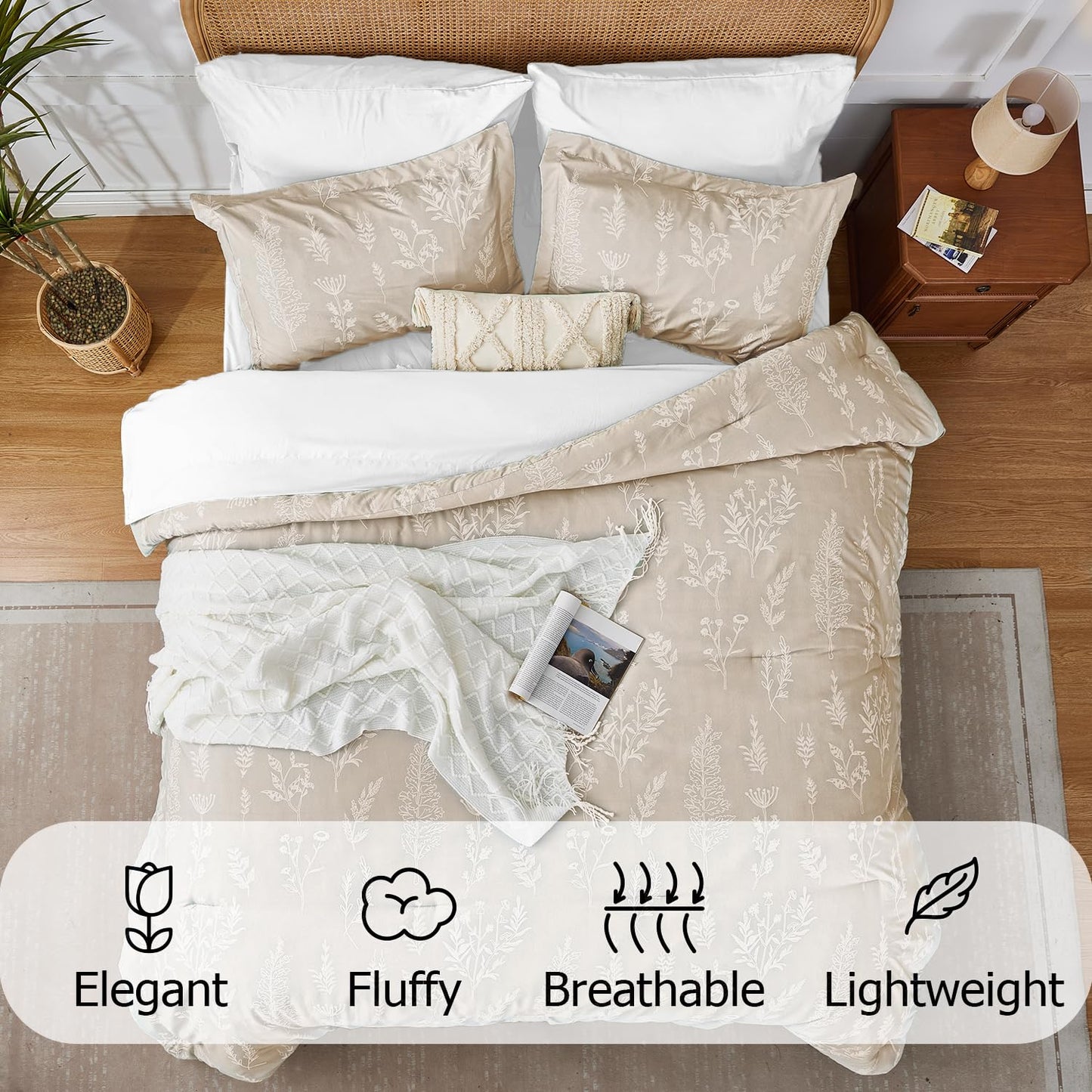 Kozyhvn Twin XL Comforter Set Khaki, Cute Floral Bed in a Bag Twin XL Boho 5 Pieces, Soft Fluffy Bedding Sets with Comforter, Sheets, Pillowcase & Sham, All Season