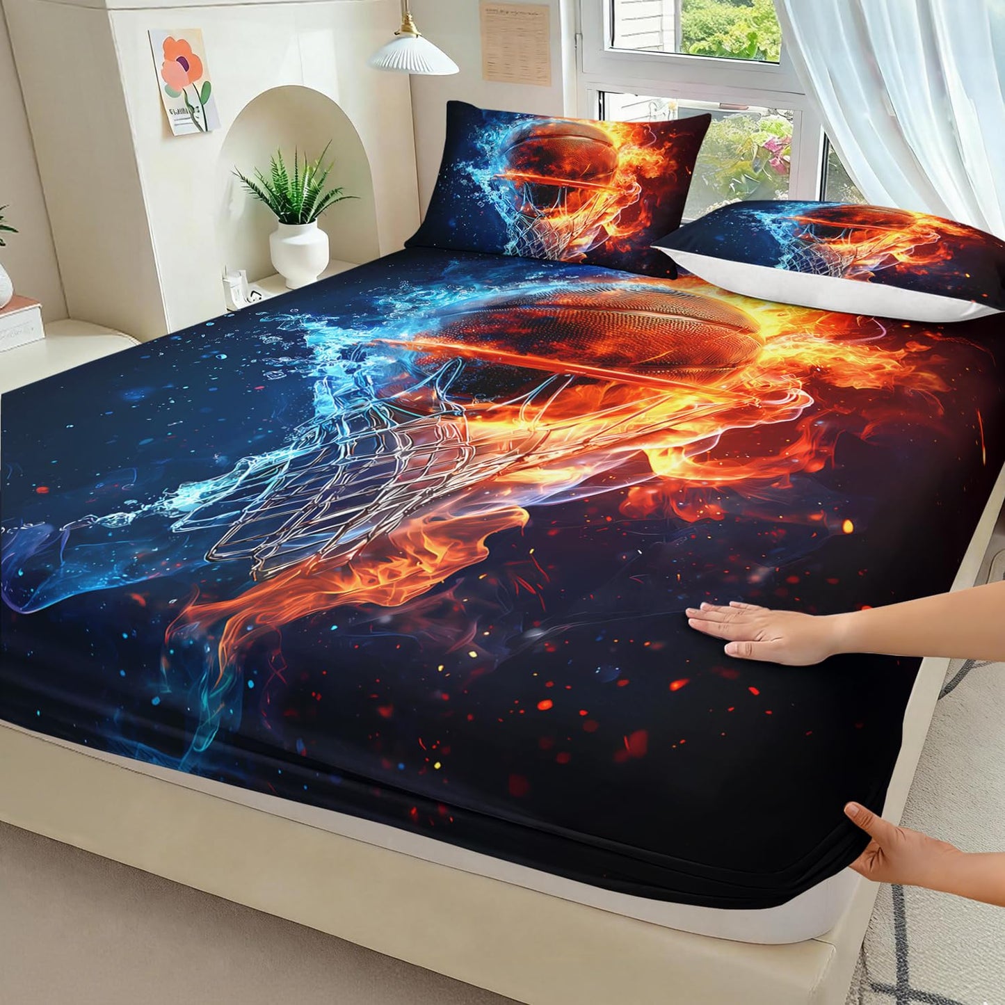 HOSIMA Fitted Sheet Queen for Kids,Basketball Wrapped in Water and Fire,Sports Bedding for Teenage Boy Room Decor,Basketball Hoop Pattern Bedding,1 Fitted Sheet+2 Pillowcases.