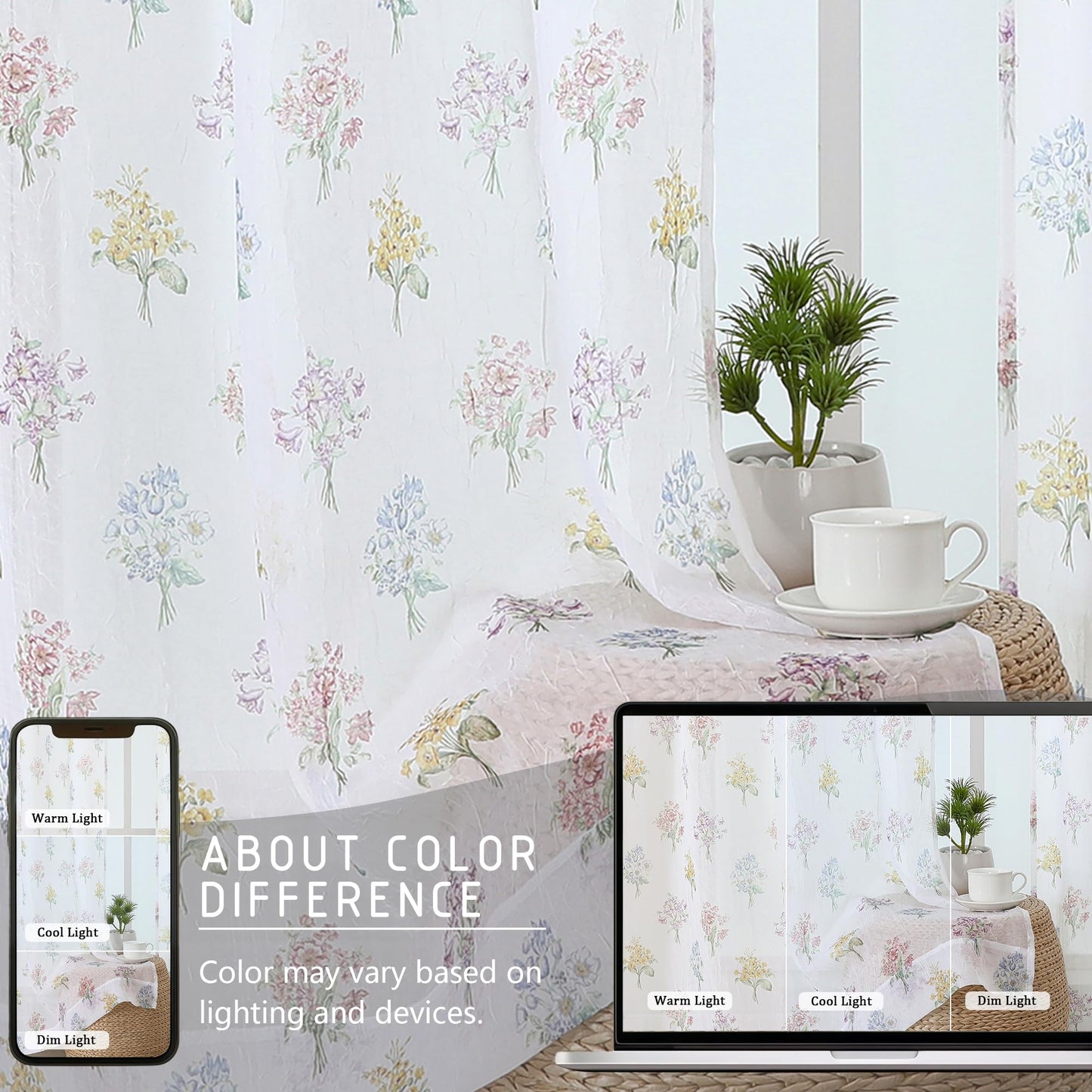 Ebesto Crushed Floral Sheer Curtains 63 Inch Length - Light Filtering Printed Sheer Flower Patterned Curtains for Bedroom, Spring Romantic Rod Pocket Window Drapes, 2 Panels, 42Wx63L Inches, White