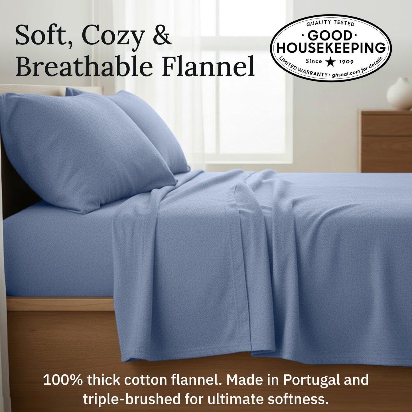 California Design Den Flannel Queen Sheet Set - Made in Portugal, 4-Pc 100% Cotton Flannel Sheets Queen Size Deep Pocket Set with Extra Depth, Thick, Velvet Soft, Triple-Brushed - Heather Blue