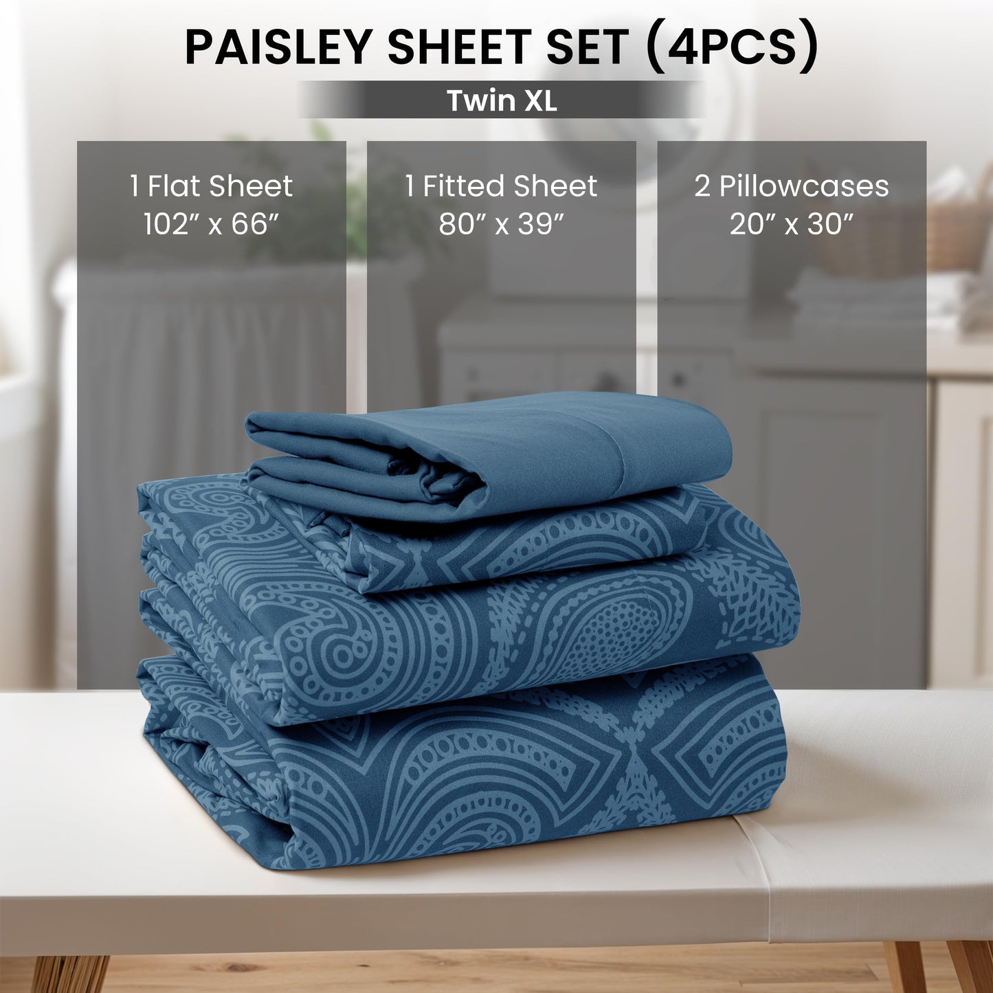 Ultra Soft Wrinkle-Free Microfiber Paisley Twin XL Sheet Set, Cute Floral Pattern Boho Print – 16" Deep Pocket Fitted Sheet, Flat Sheet & 2 Pillowcases, Breathable, OEKO-TEX - Navy Blue