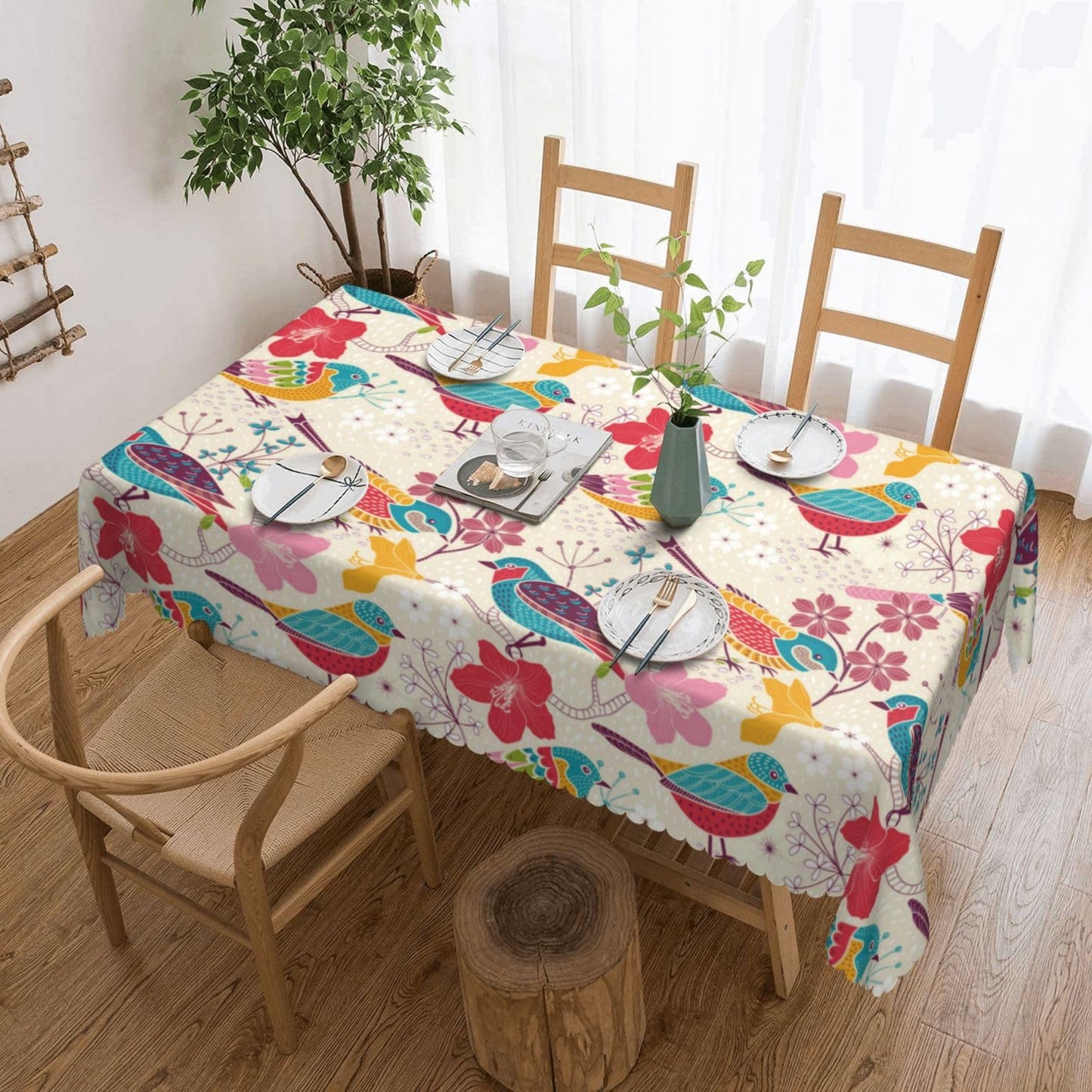 LORCARVIS Floral with Birds Tablecloth Floral Birds Pattern Polyester Rectangle Table Cloth Washable Seasonal Tabletop for Kitchen Dinning Party Outdoor Picnic 54 x 72 Inch Tablecloths