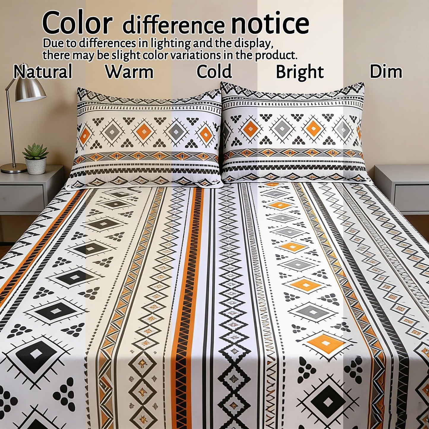 MAG 3 Pieces Colorful Boho Bed Sheet,Orange Boho Fitted Sheets Queen,with 1 Fitted Sheet and 2 Pillowcases,14 Inches Deep