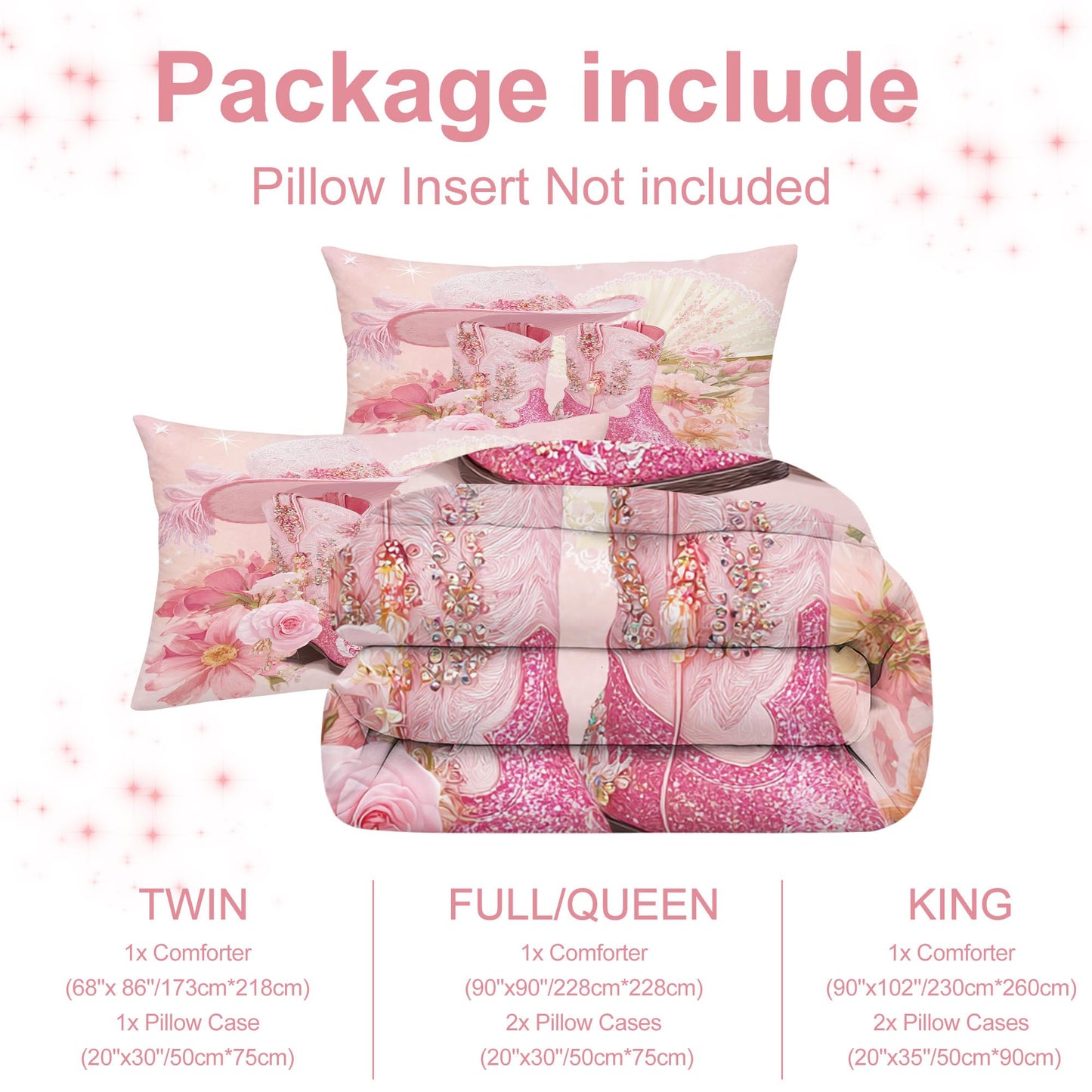 VTKON Pink Cowgirl Bedding Set Twin Size Western Cowgirl Comforter Set Girly Luxury Floral Lace Fan Print Bed Set Light Pink Flower Sweet Western Style Quilt Set with 1 Comforter + 1 Pillowcase