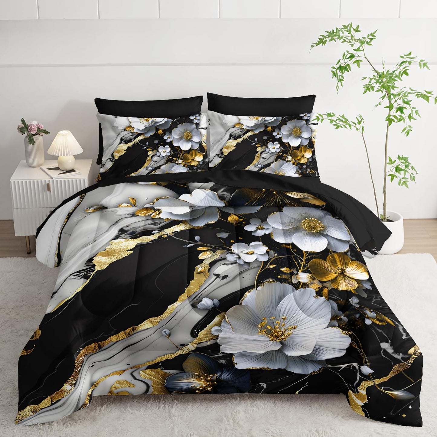 lneffble 7 Piece Marble Floral Comforter Set Queen，Black and White Marble Bedding Set，Black and Gold Marble Bedroom Decor，(1 Comforter, 1 Flat Sheet, 1 Fitted Sheet, 2 Pillowcase and 2 Pillow Sham)