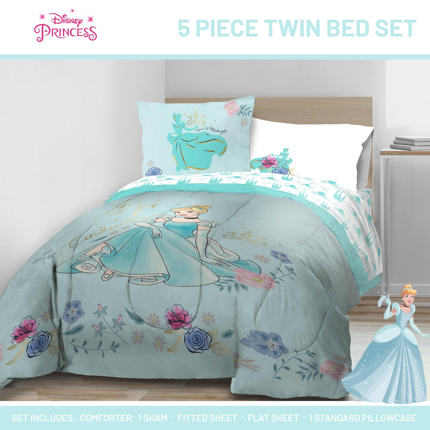 Jay Franco Kids Comforter Set Includes Sheets and Pillow Covers - Soft and Cozy Bed Set for Stylish Room Decor, Official Licensed Bedding, Blue - Princess Cinderella, 5 Piece Twin