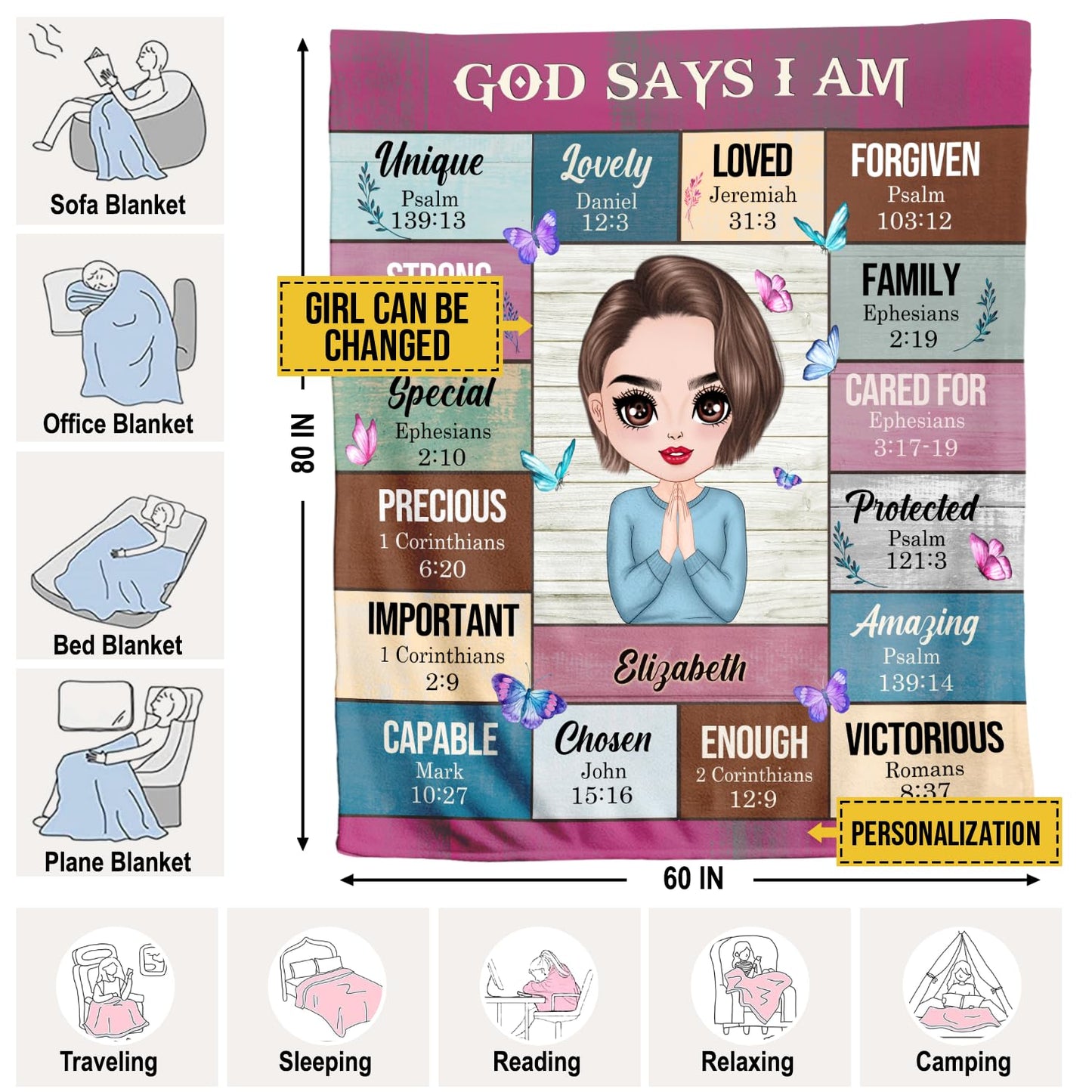 PREAUREUM God Says I Am Blanket, Personalized Christian Throw Blanket,Inspirational Jesus Throw Blankets,Confirmation Catholic Spiritual Blankets for Kids (Chibi God Says I Am - Wooden Board Style)