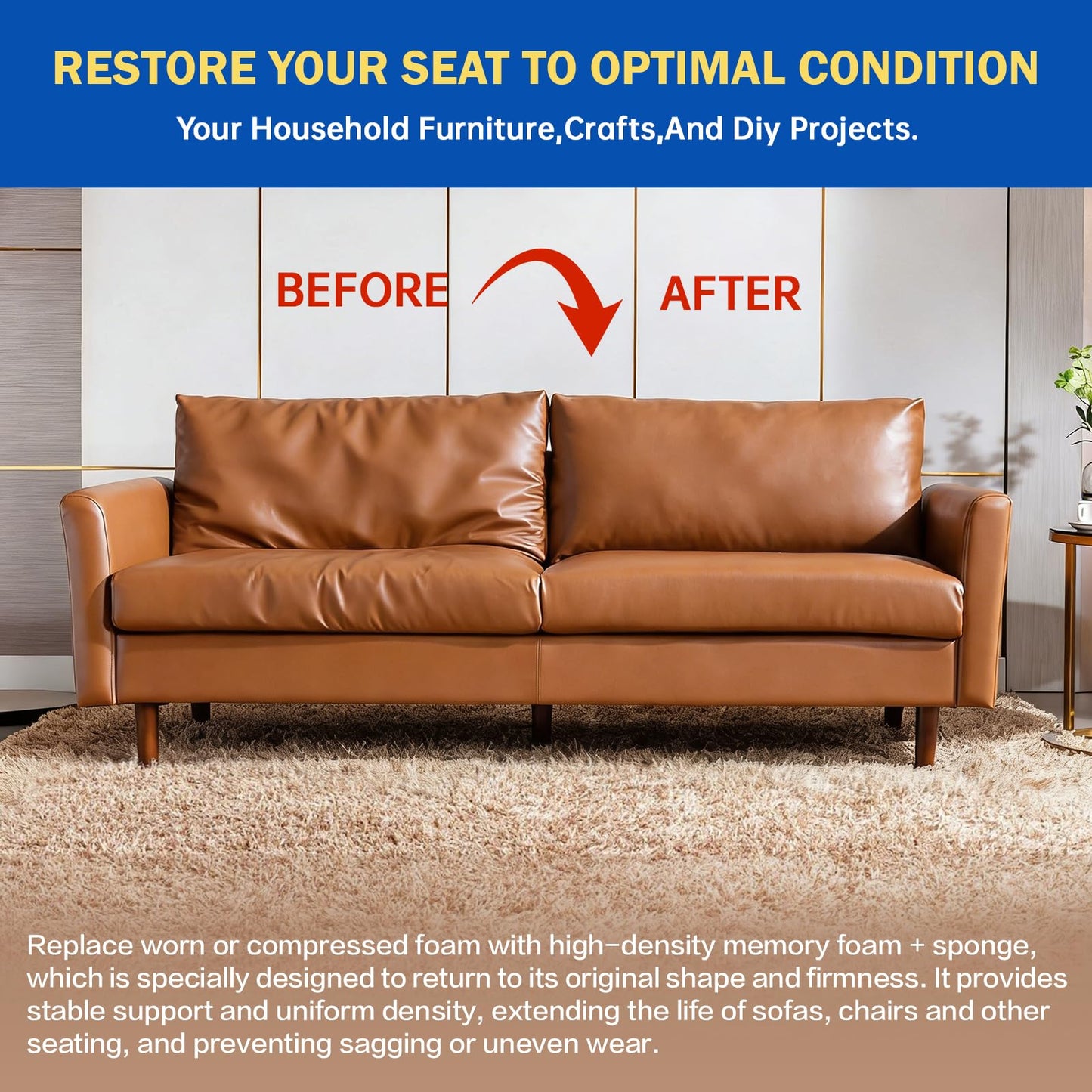 Tohetsuzp High Density Upholstery Foam Cushion - 2" Thick x 24" x 72", Gel Memory Foam Support Padding for Seat Cushion Replacement, DIY Projects, Sofa Mattress Support