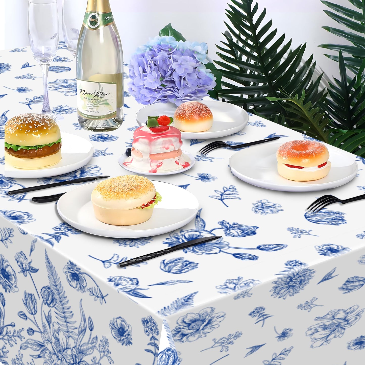 CC HOME 1Pc Vintage Blue Flowers Party Plastic Tablecloth 54 x 87 Inch Long Table Cover, Spring Fresh Floral Party Tablecover for Blue Flowers Kids Baby Shower Birthday Dinner Picnic Kitchen Event