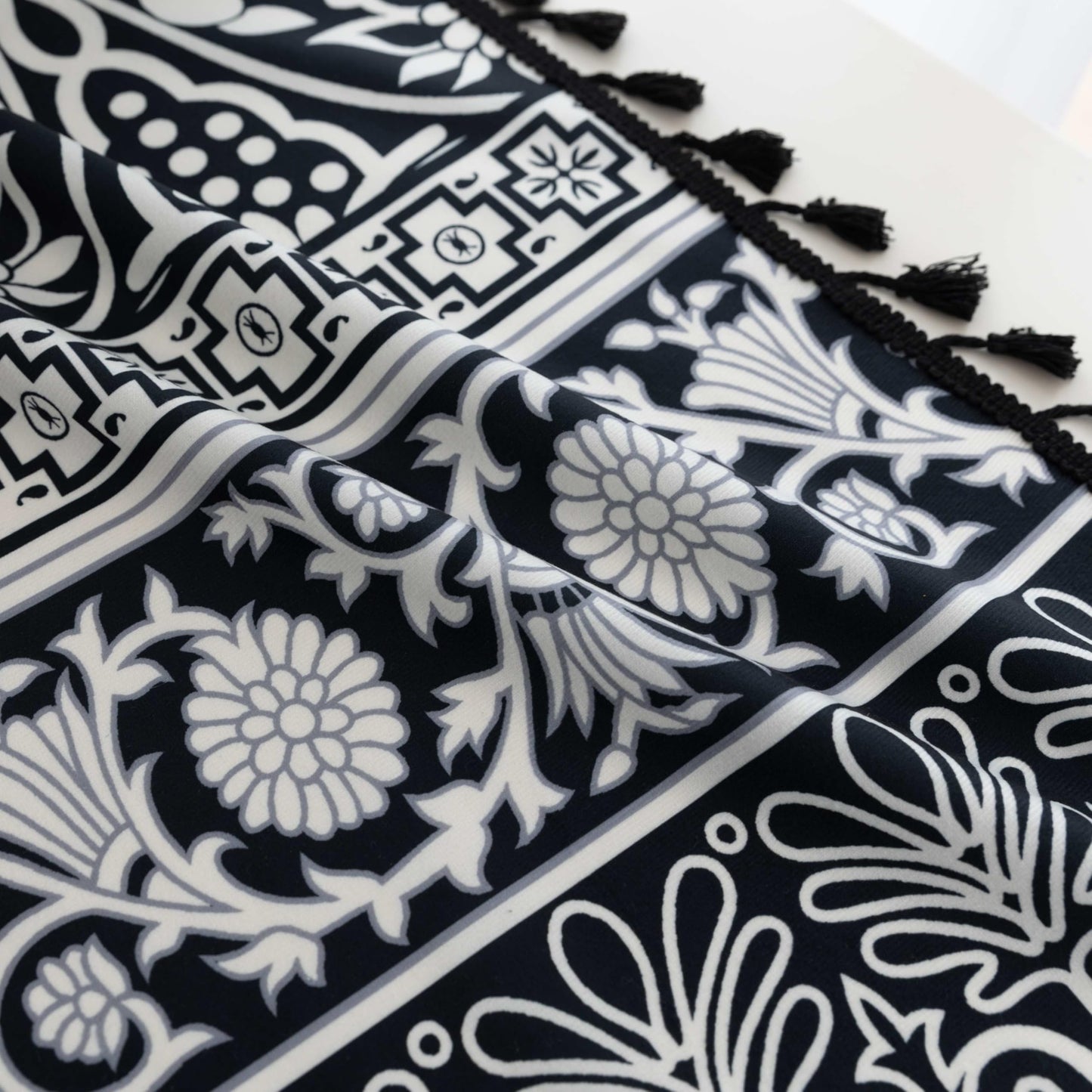 Erbnaryx Black Damask Curtains 72 Inches Long, Boho Farmhouse Light Filtering Rod Pocket Drapes with Tassel Trim for Bedroom Living Room, 2 Panels