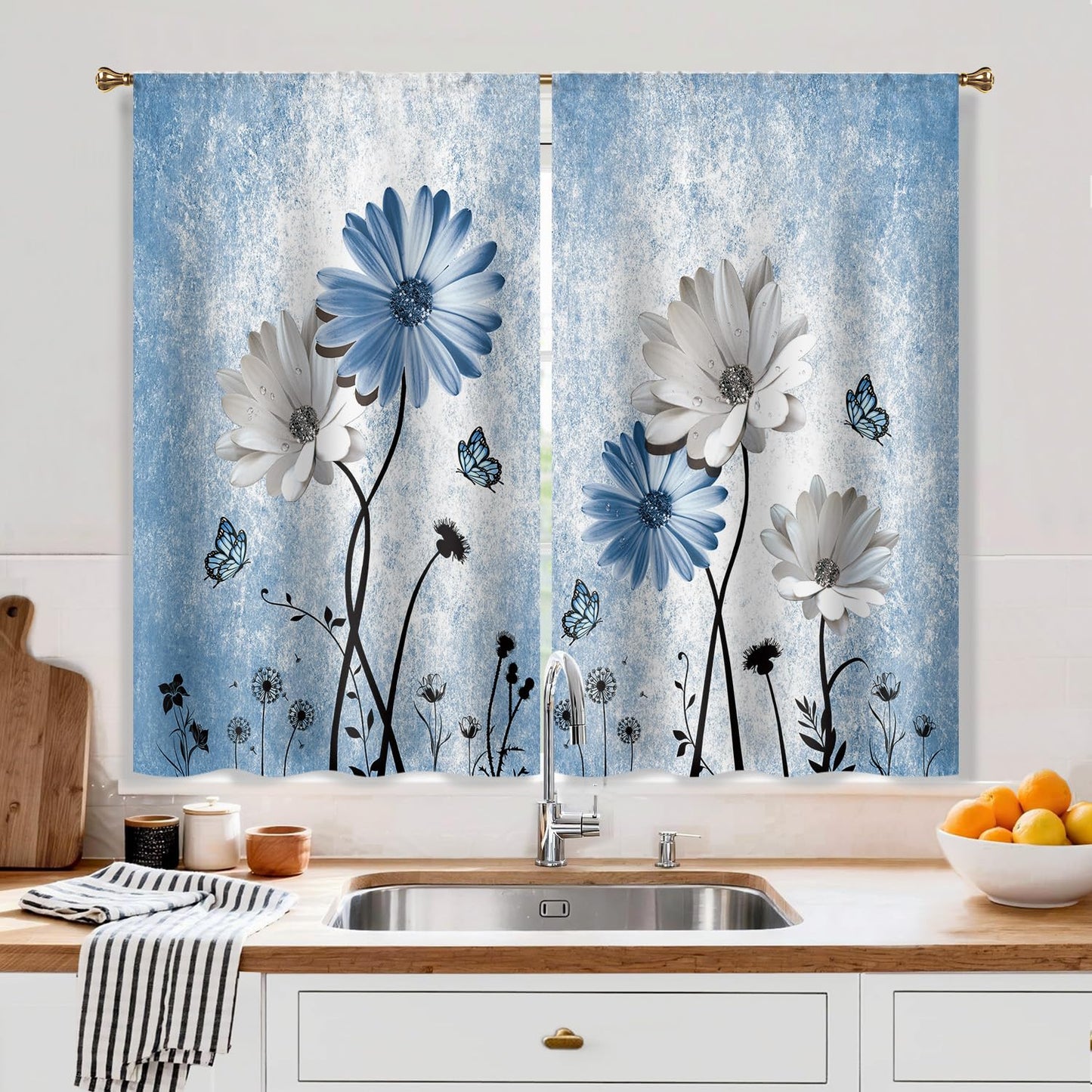Cizuug Rustic Blue Daisy Floral Kitchen Curtains Farmhouse Flower Small Short Cafe Window Curtains Butterfly Country Rod Pocket Bathroom Window Drapes Treatment Tier Curtains 2 Panels (27.5x39 Inch)