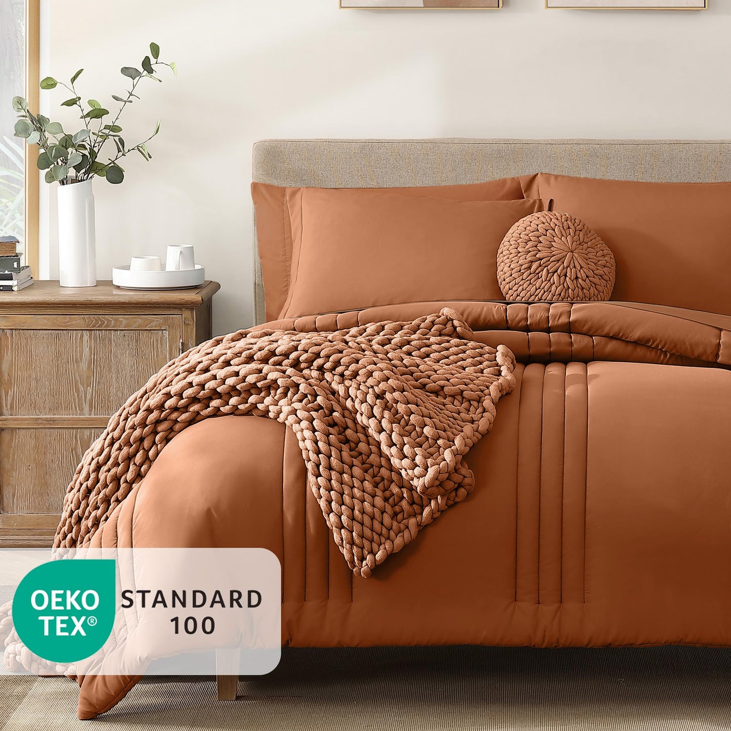 Monbix Queen Comforter Set - 7 Pieces Burnt Orange Bed in a Bag Queen Bedding Sets with Comforters, All Seasons Comforter Bed Set with Sheets, Pillowcases & Shams