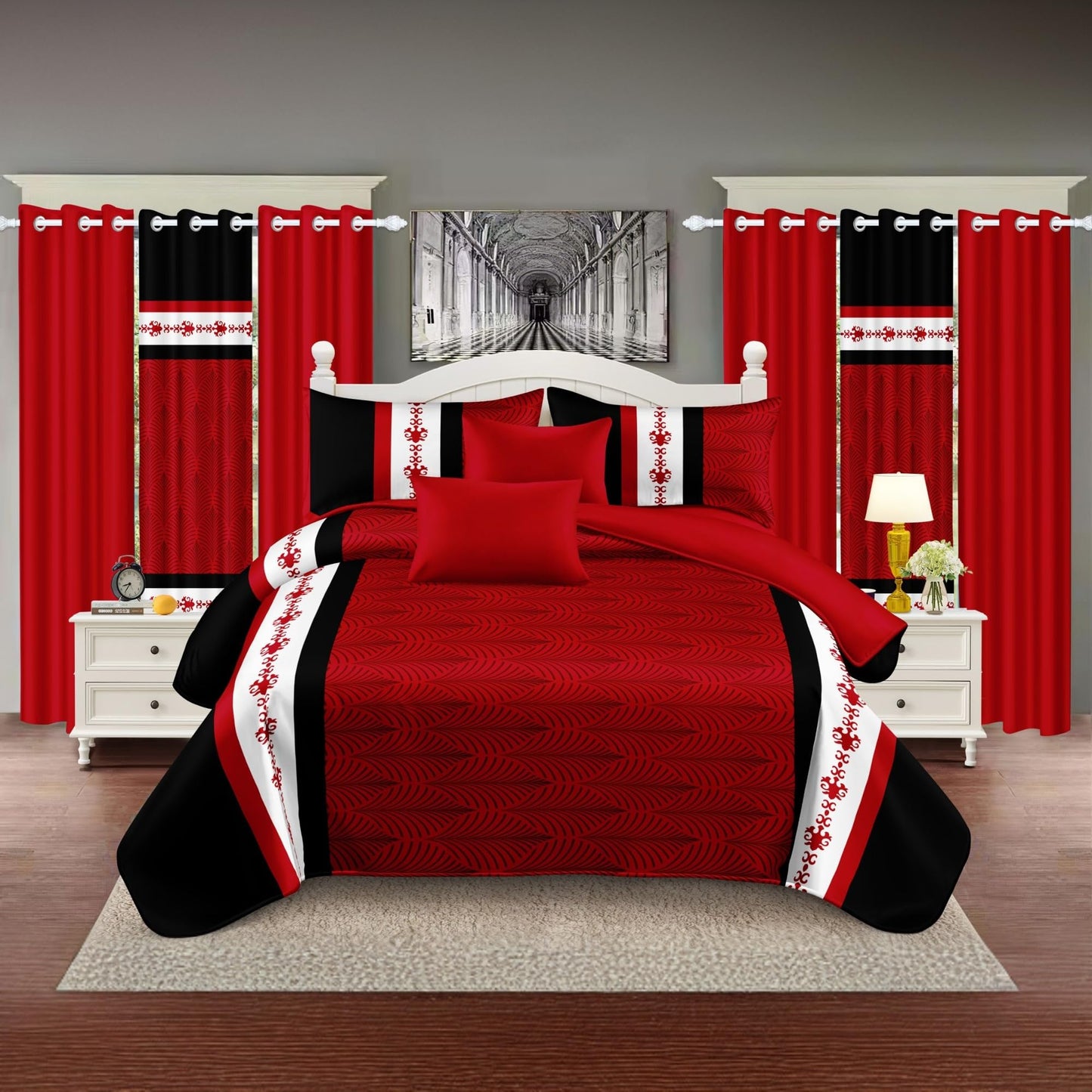 Deepsleep Queen Bedspread Set 9 Pieces, All Season Luxury Bed in a Bag for Bedroom, with 2 Pillowcases and 6 Curtains, Microfiber for Complete Bedroom Decor, Black and Red Stripes