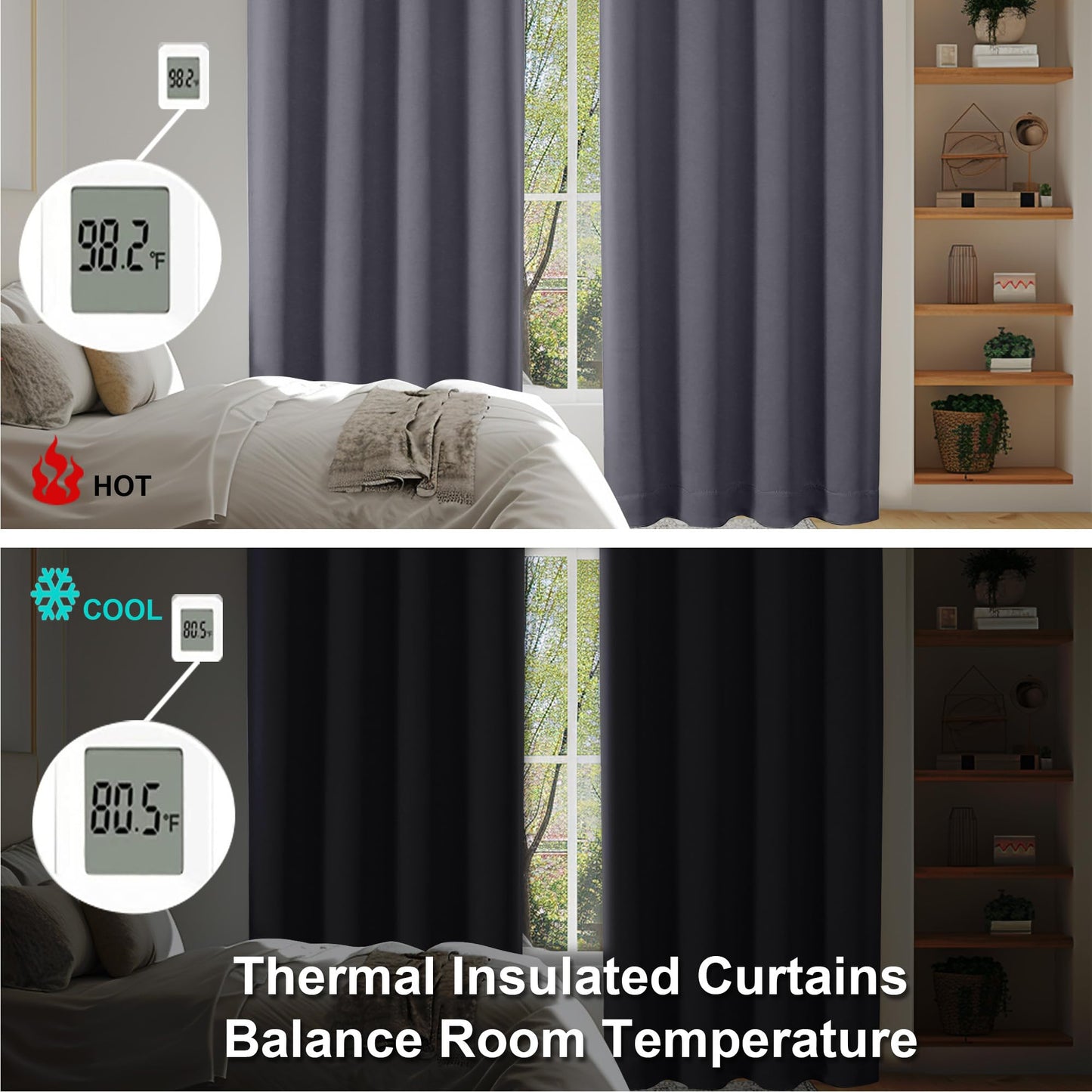 Simplebrand Ava Grey Blackout Curtains for Bedroom 63 Inch Length 2 Panels Set, Solid Thermal Insulated Energy Saving Rod Pocket Window Treatment Curtains Blackout Drapes, W40 x L63 Inch, Grey