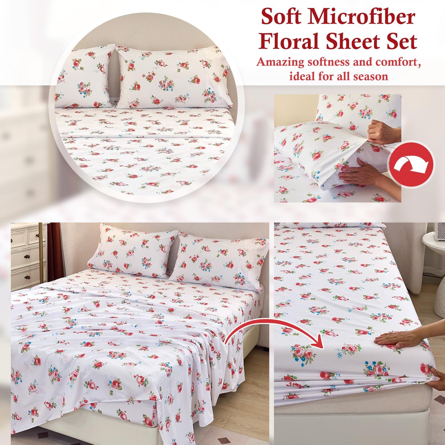 MICORAL Floral Queen Sheet Set, 4-Piece Printed Bed Sheets, 16" Deep Pocket, Ultra Soft & Cooling Sheet, Oeko-TEX Certified, Garden Rose