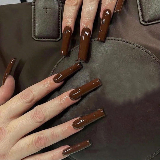 MERVF Long Square Press on Nails Brown Fake Nails Solid Color Glue ons Fall Squoval Acrylic False Nail with Design Glossy 24pcs