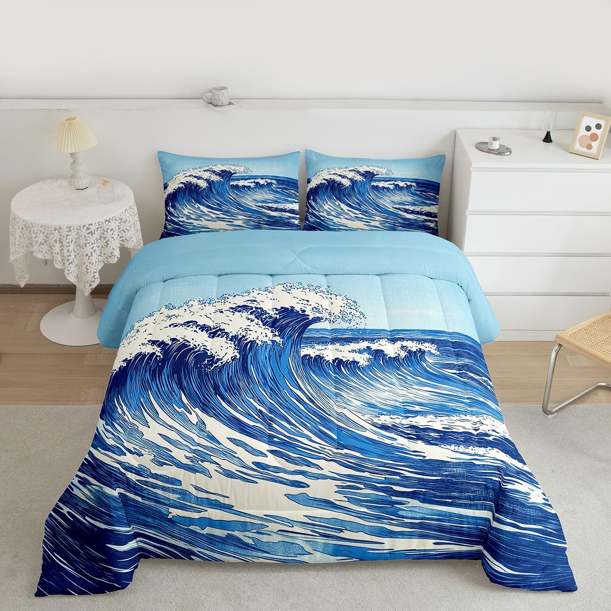 jejeloiu Wave Bedding Set Soft for Boys Girls, Ocean Wave Comforter Set Queen Size Japanese Style Duvet Quilt Microfiber Abstract Bedroom Decor 3 Pcs with 2 Pillow Cases