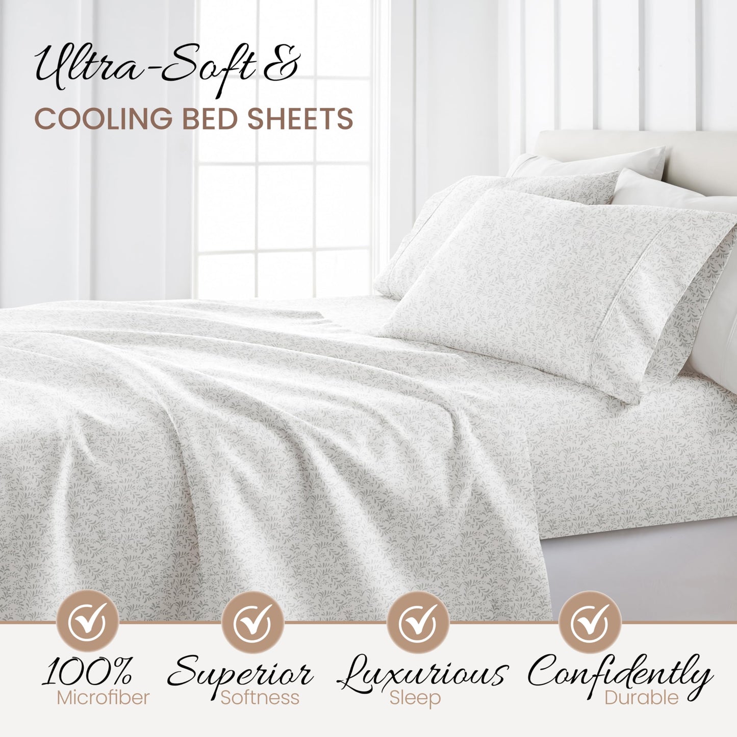 Linen Market Double-Brushed Patterned Microfiber Full Sheet Set 4 Piece – Oeko-TEX Certified Ultra Soft & Wrinkle-Free - 16" Deep Pocket Sheets - Easy Care Full Size - Burst of Vines Light Gray